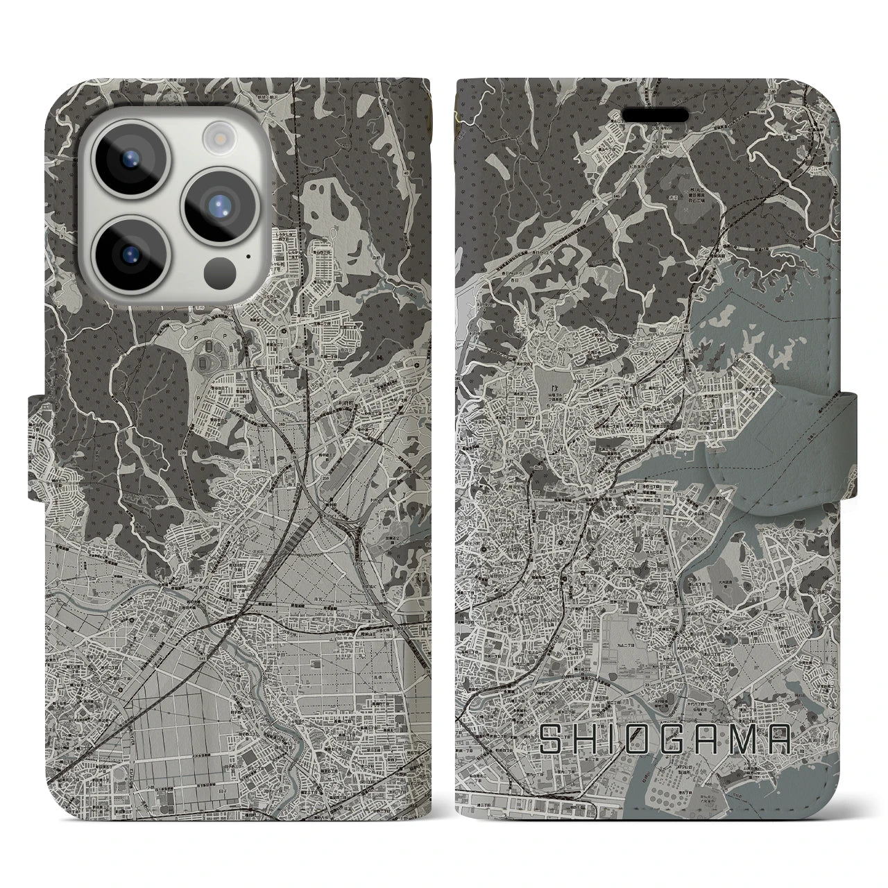 【塩竈(宮城県)】地図柄iPhoneケース(手帳タイプ)モノトーン・iPhone 15 Pro 用