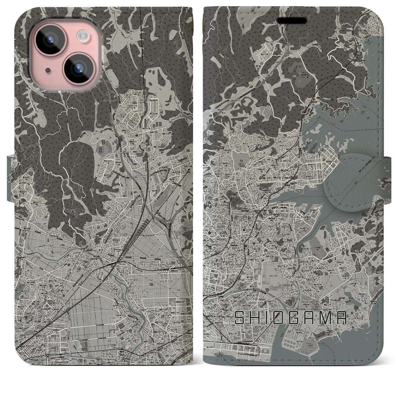 【塩竈(宮城県)】地図柄iPhoneケース(手帳タイプ)モノトーン・iPhone 15 Plus 用