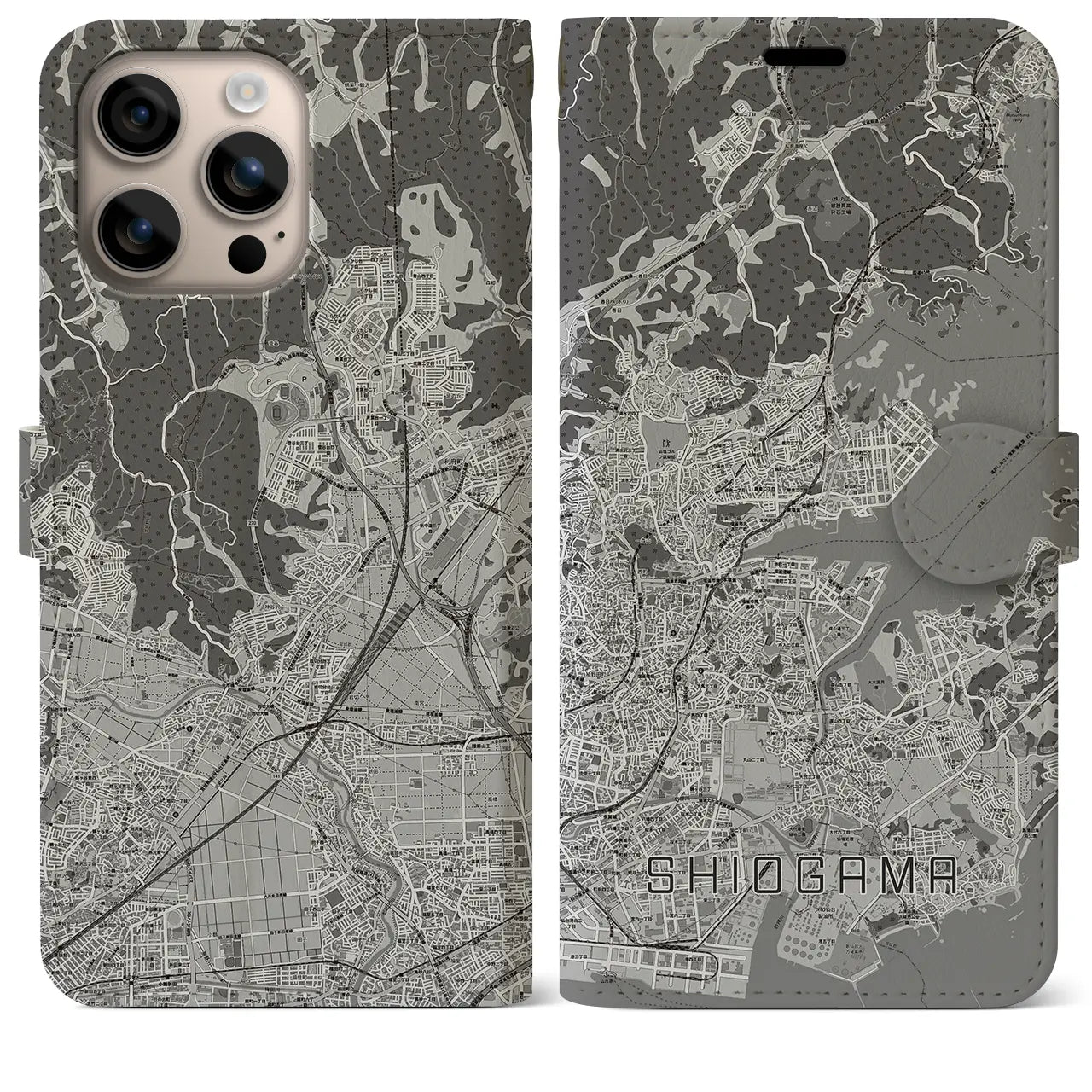 【塩竈(宮城県)】地図柄iPhoneケース(手帳タイプ)モノトーン・iPhone 16 Plus 用