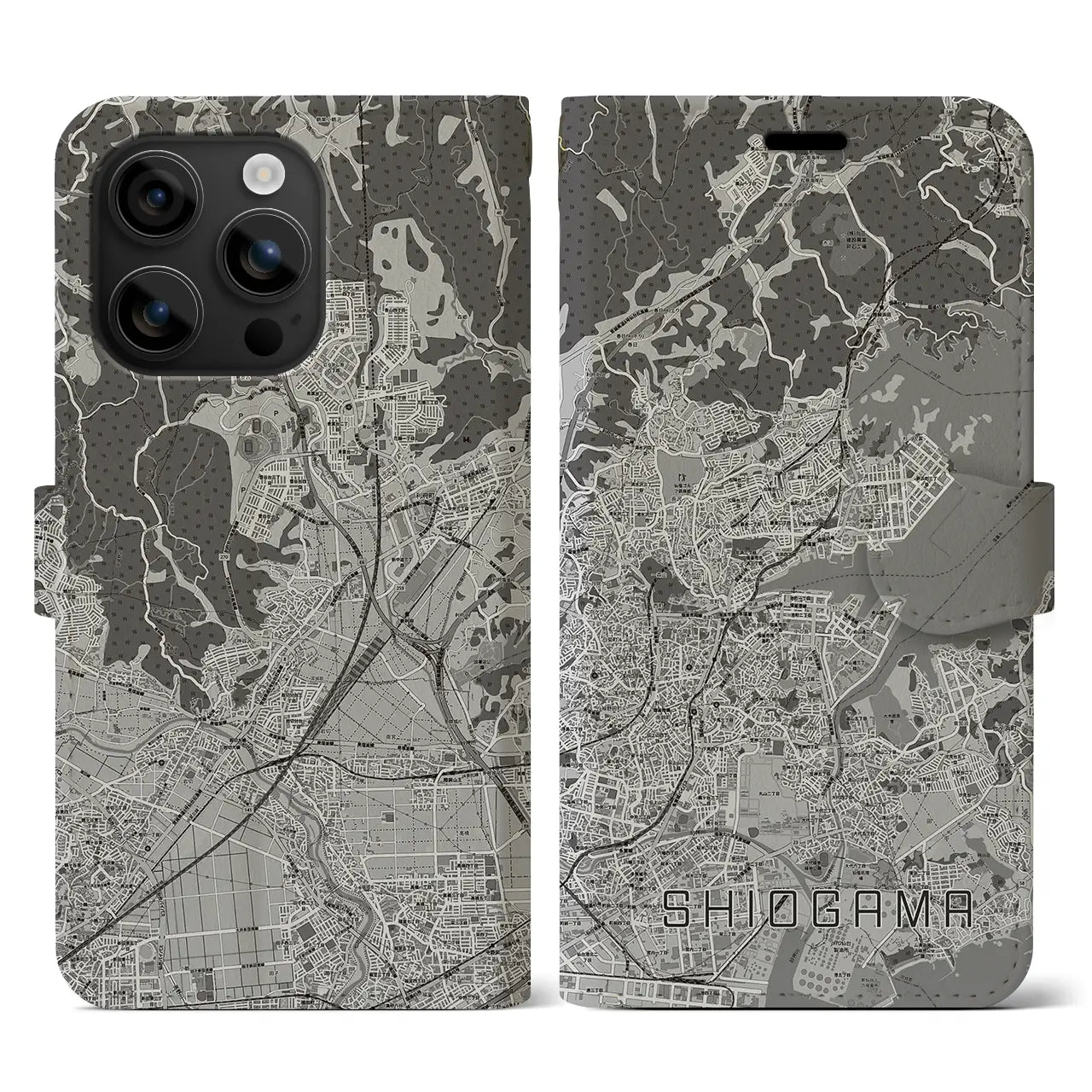 【塩竈(宮城県)】地図柄iPhoneケース(手帳タイプ)モノトーン・iPhone 16 用