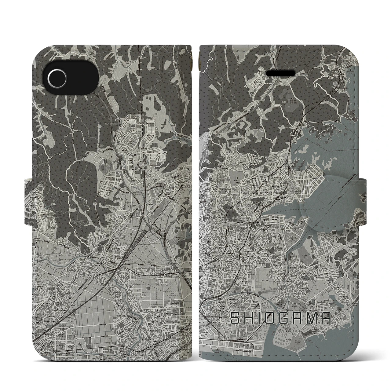 【塩竈(宮城県)】地図柄iPhoneケース(手帳タイプ)モノトーン・iPhone SE(第3 / 第2世代) / 8 / 7 / 6s / 6 用