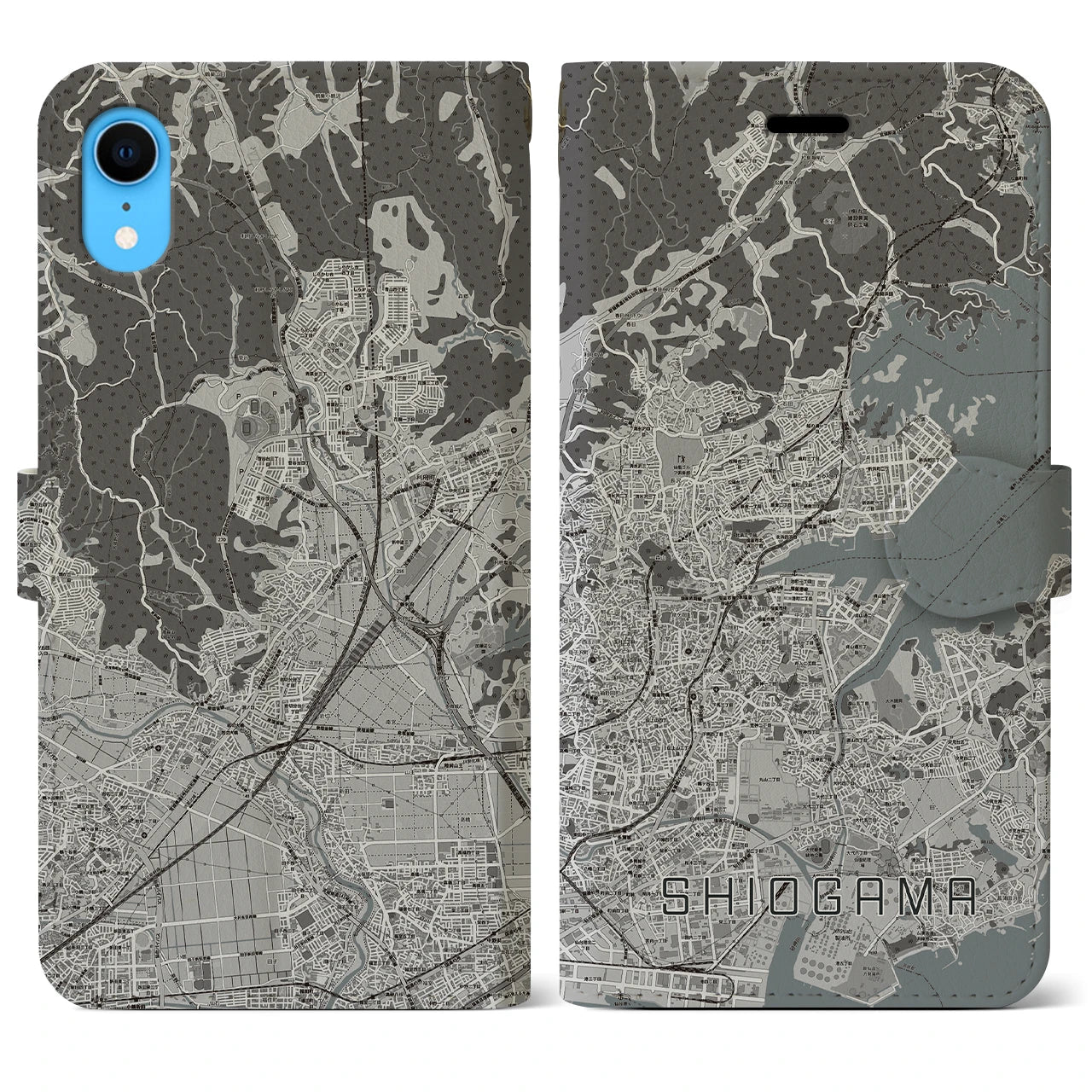 【塩竈(宮城県)】地図柄iPhoneケース(手帳タイプ)モノトーン・iPhone XR 用