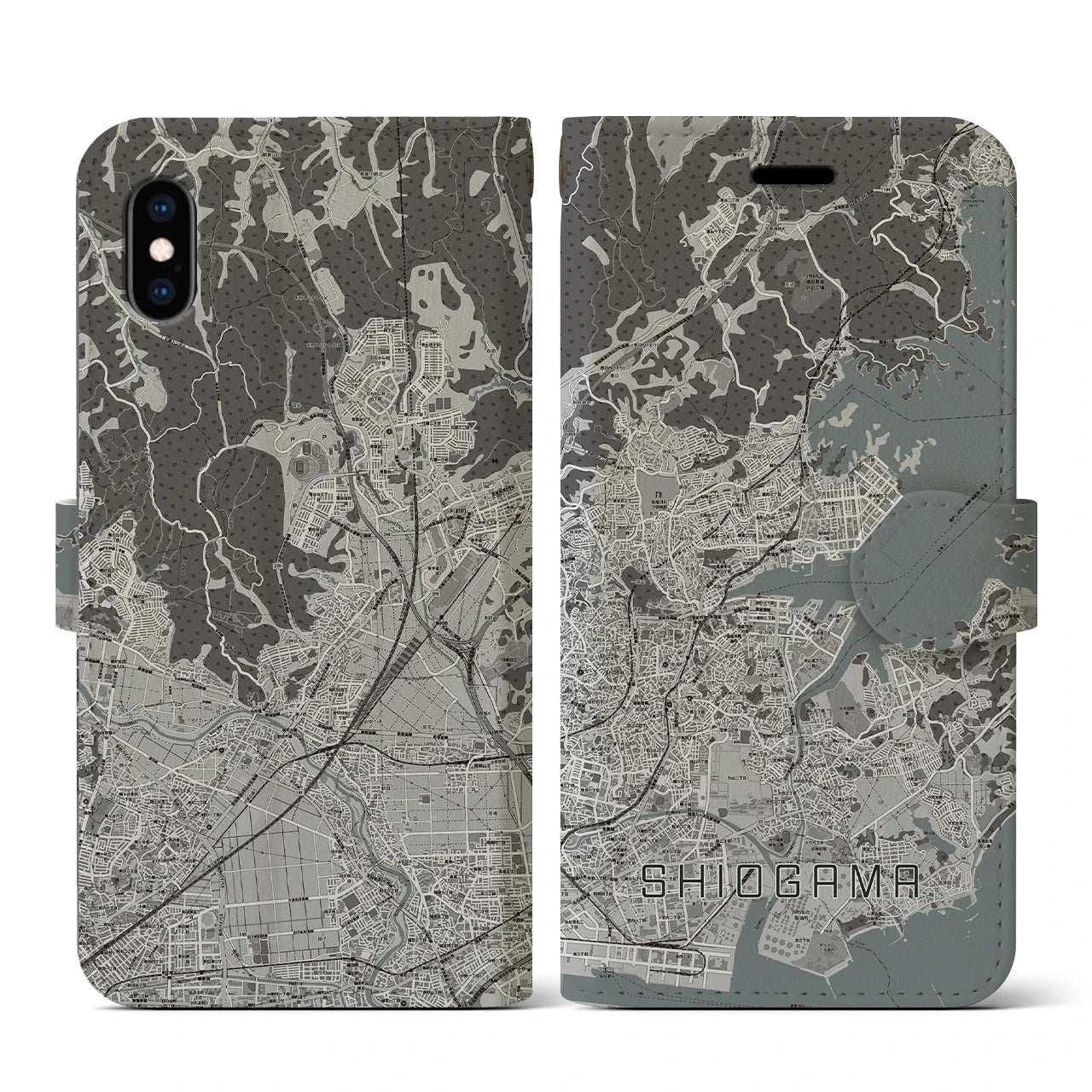 【塩竈(宮城県)】地図柄iPhoneケース(手帳タイプ)モノトーン・iPhone XS / X 用