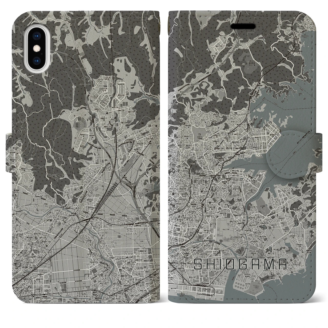 【塩竈(宮城県)】地図柄iPhoneケース(手帳タイプ)モノトーン・iPhone XS Max 用