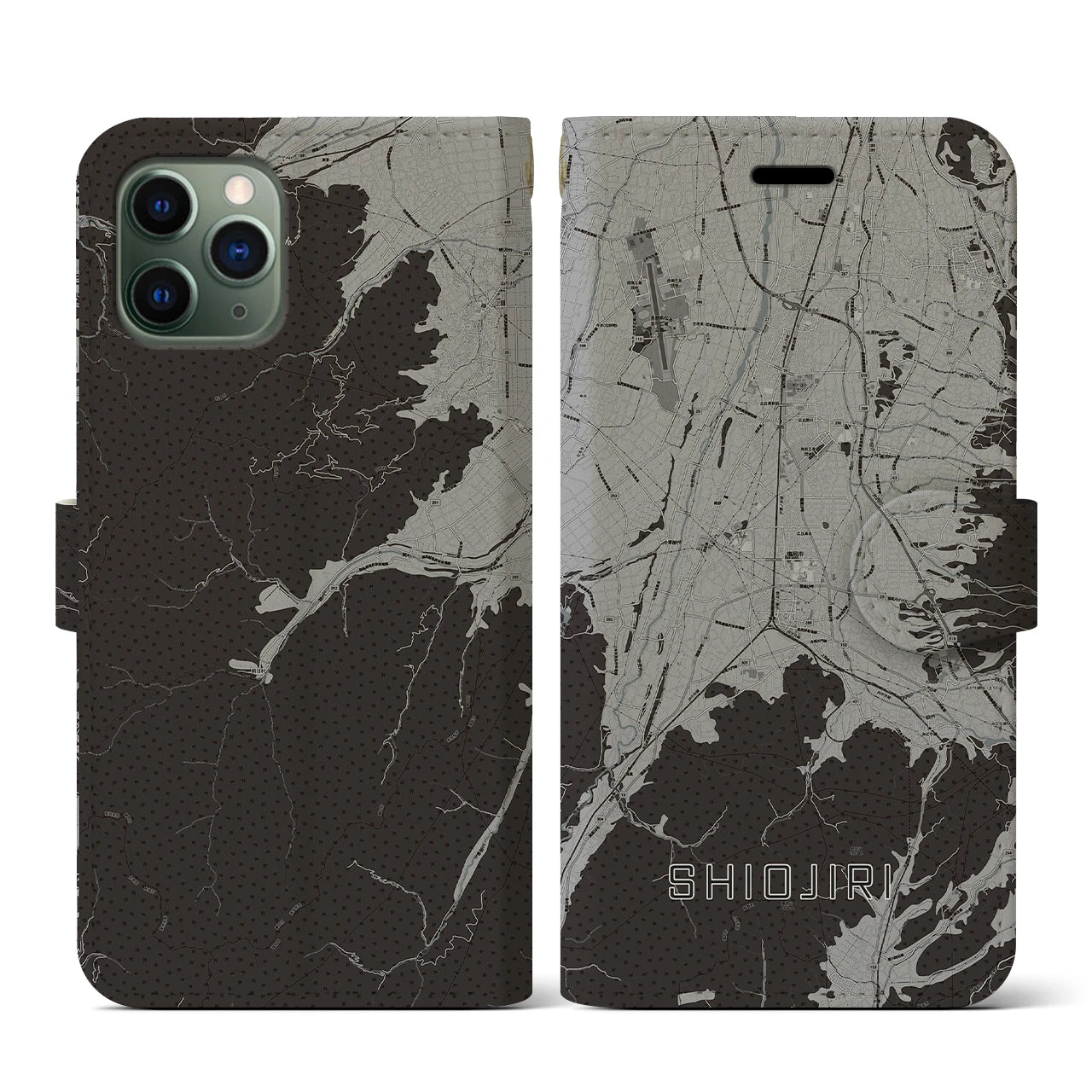 【塩尻(長野県)】地図柄iPhoneケース(手帳タイプ)モノトーン・iPhone 11 Pro 用