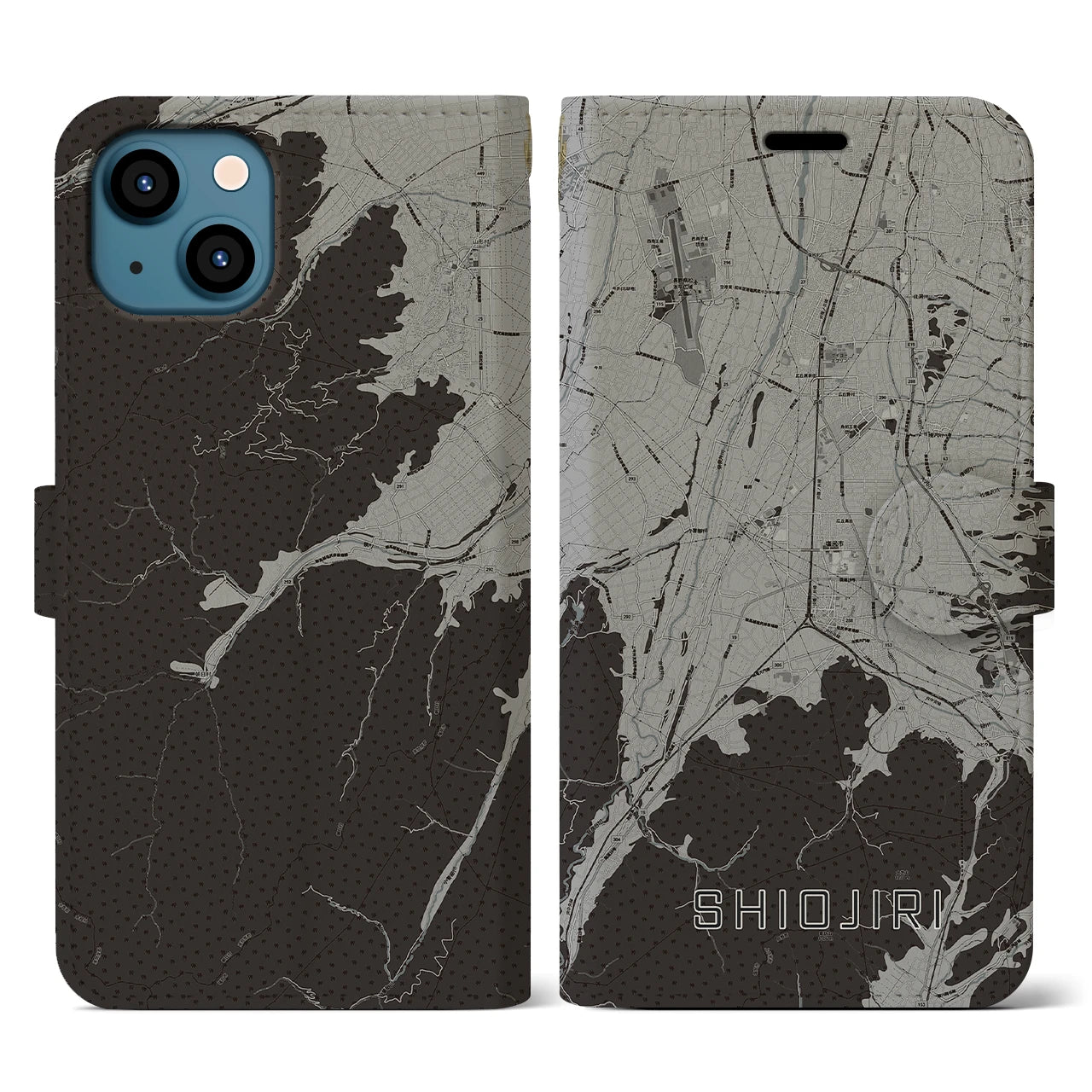 【塩尻(長野県)】地図柄iPhoneケース(手帳タイプ)モノトーン・iPhone 13 用
