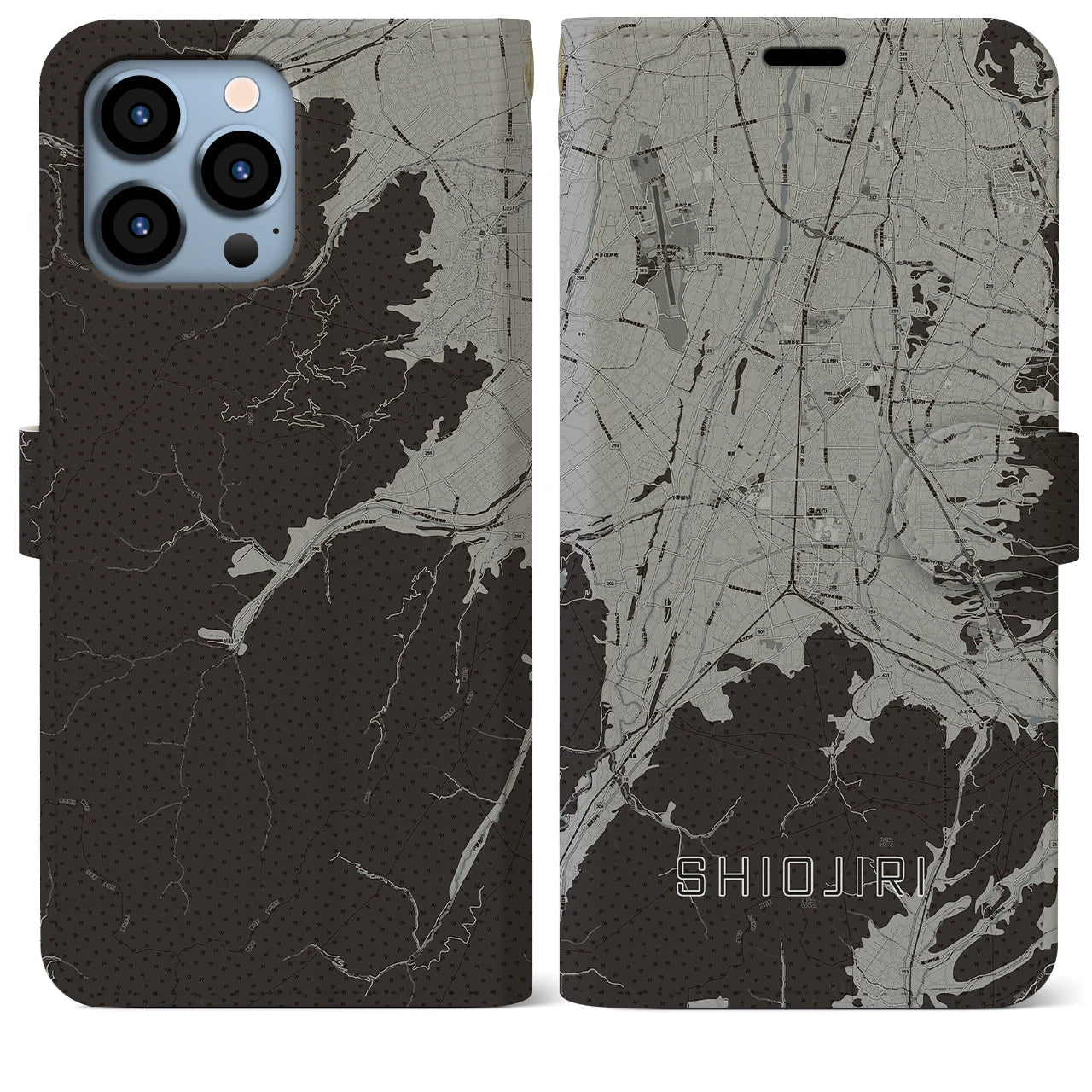 【塩尻(長野県)】地図柄iPhoneケース(手帳タイプ)モノトーン・iPhone 13 Pro Max 用