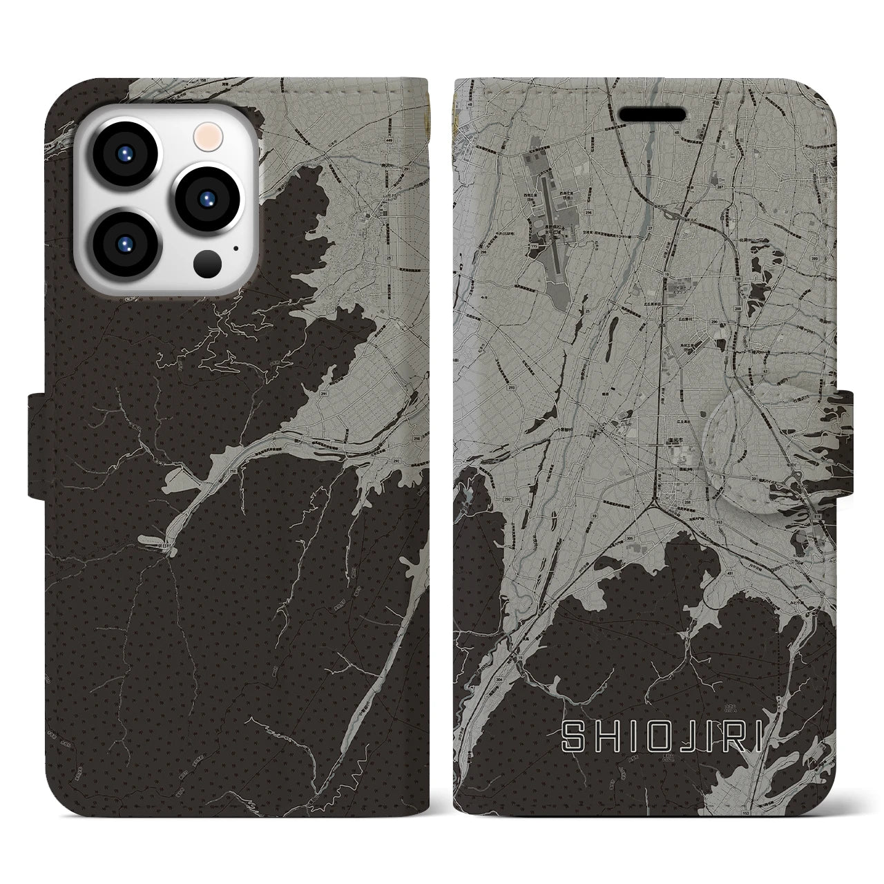 【塩尻(長野県)】地図柄iPhoneケース(手帳タイプ)モノトーン・iPhone 13 Pro 用