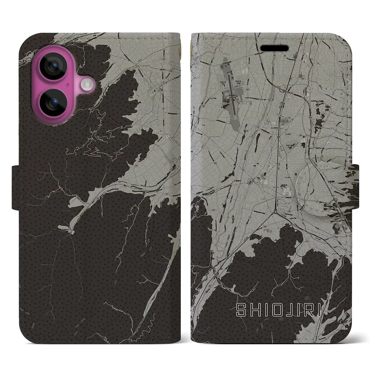 【塩尻(長野県)】地図柄iPhoneケース(手帳タイプ)モノトーン・iPhone 16 Pro 用