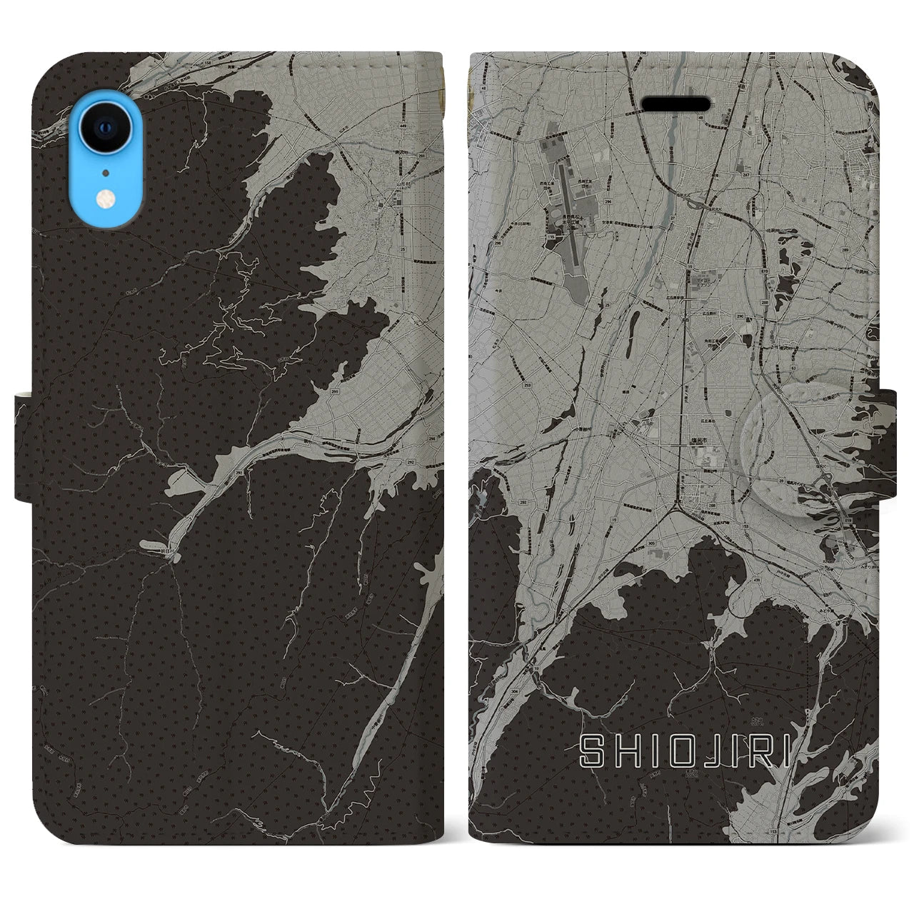 【塩尻(長野県)】地図柄iPhoneケース(手帳タイプ)モノトーン・iPhone XR 用
