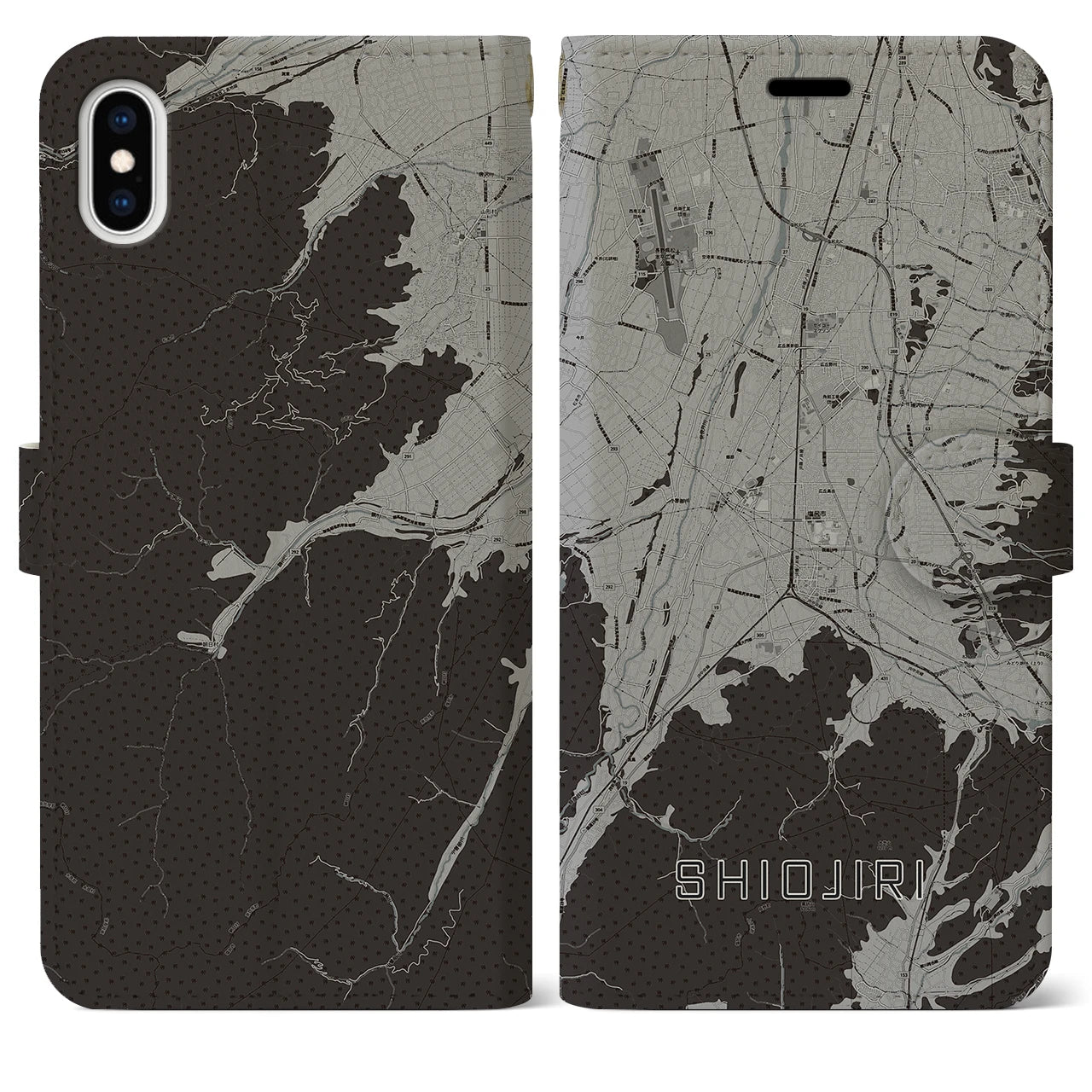 【塩尻(長野県)】地図柄iPhoneケース(手帳タイプ)モノトーン・iPhone XS Max 用