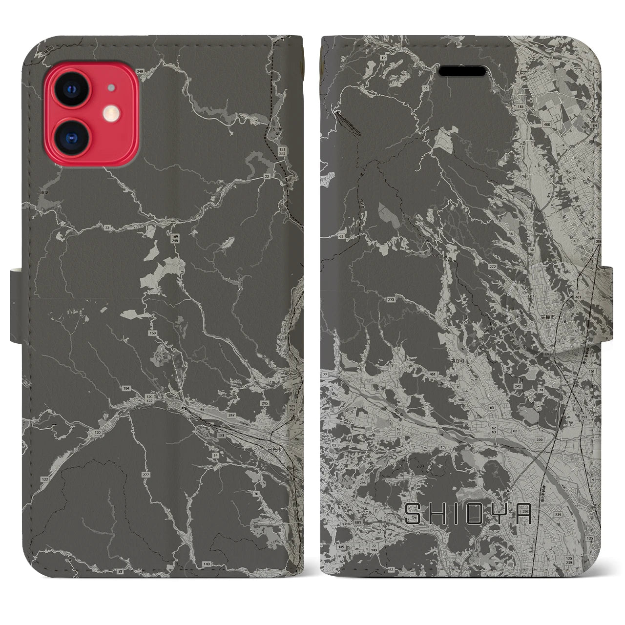【塩谷(栃木県)】地図柄iPhoneケース(手帳タイプ)モノトーン・iPhone 11 用