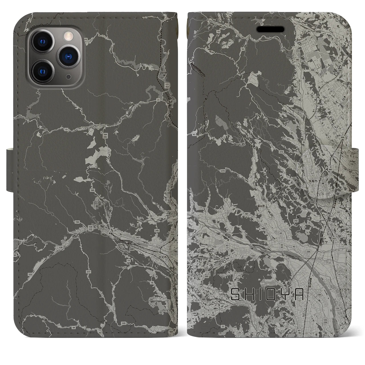 【塩谷(栃木県)】地図柄iPhoneケース(手帳タイプ)モノトーン・iPhone 11 Pro Max 用