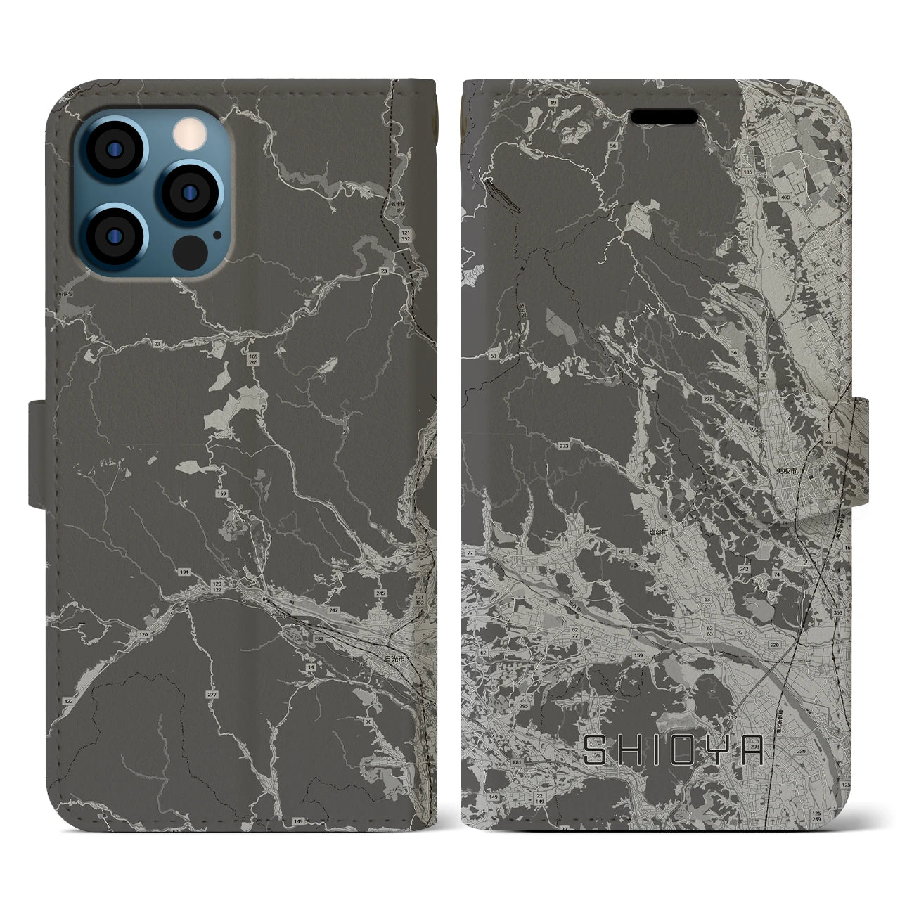 【塩谷(栃木県)】地図柄iPhoneケース(手帳タイプ)モノトーン・iPhone 12 / 12 Pro 用