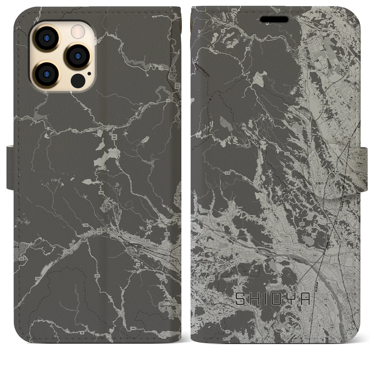 【塩谷(栃木県)】地図柄iPhoneケース(手帳タイプ)モノトーン・iPhone 12 Pro Max 用