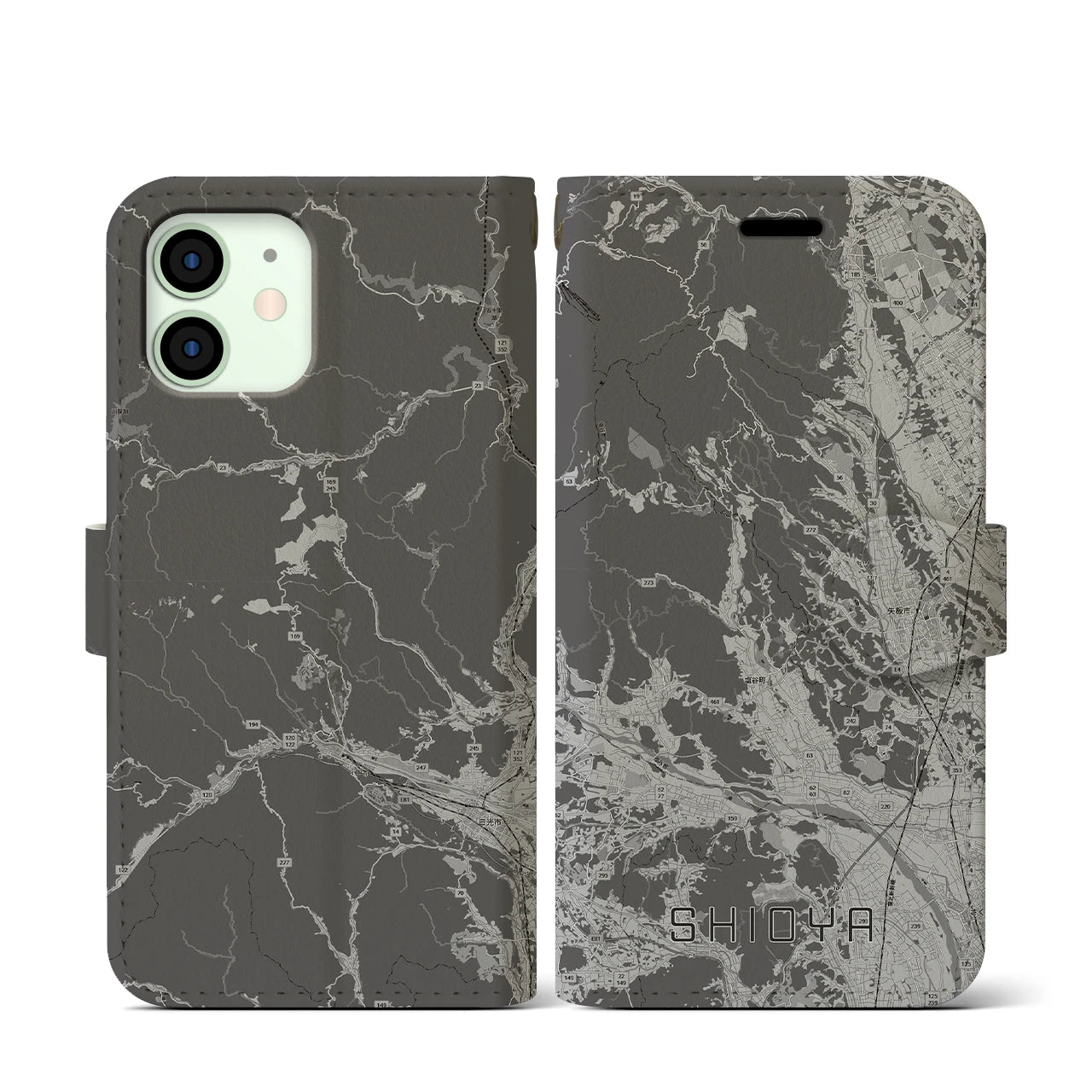 【塩谷(栃木県)】地図柄iPhoneケース(手帳タイプ)モノトーン・iPhone 12 mini 用
