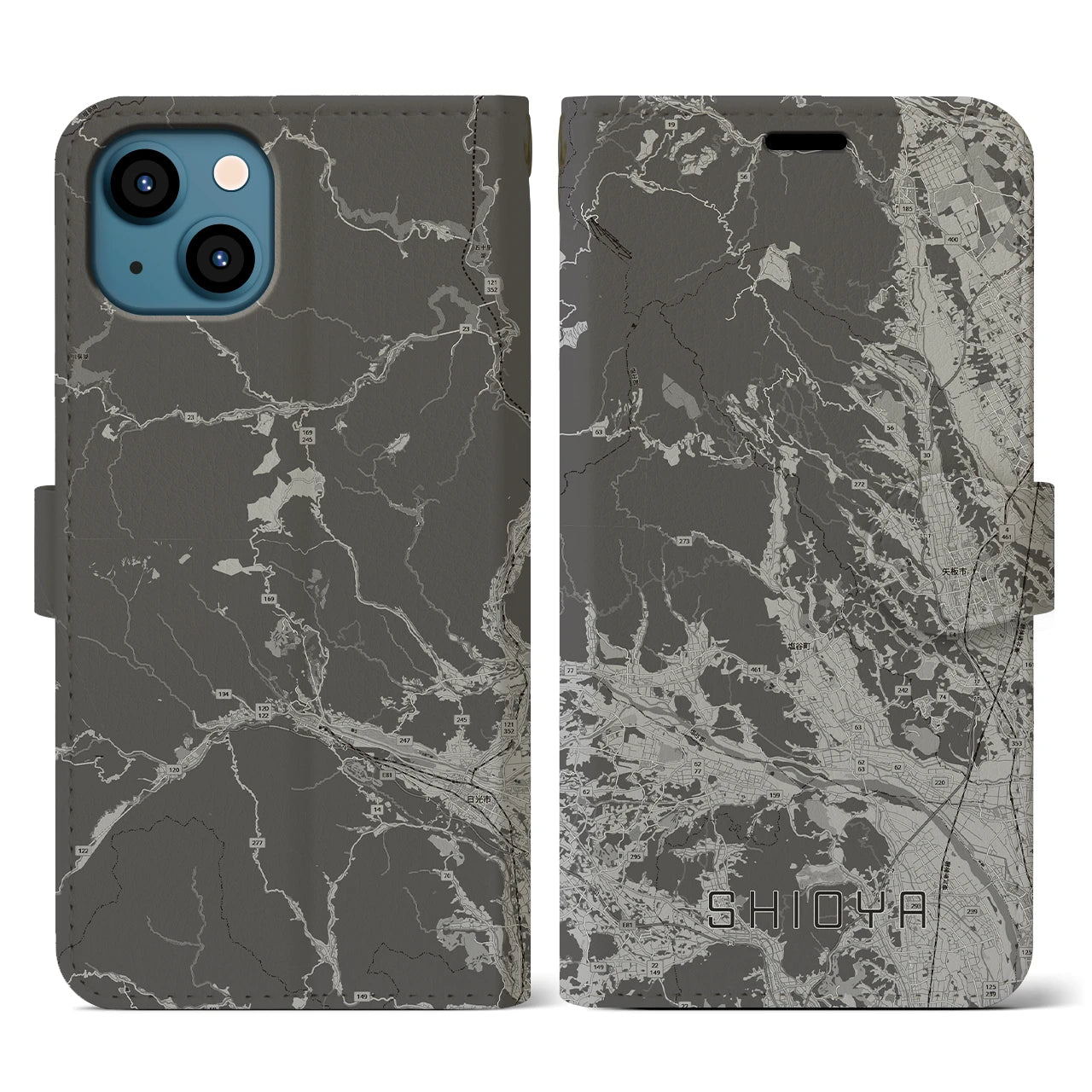 【塩谷(栃木県)】地図柄iPhoneケース(手帳タイプ)モノトーン・iPhone 13 用