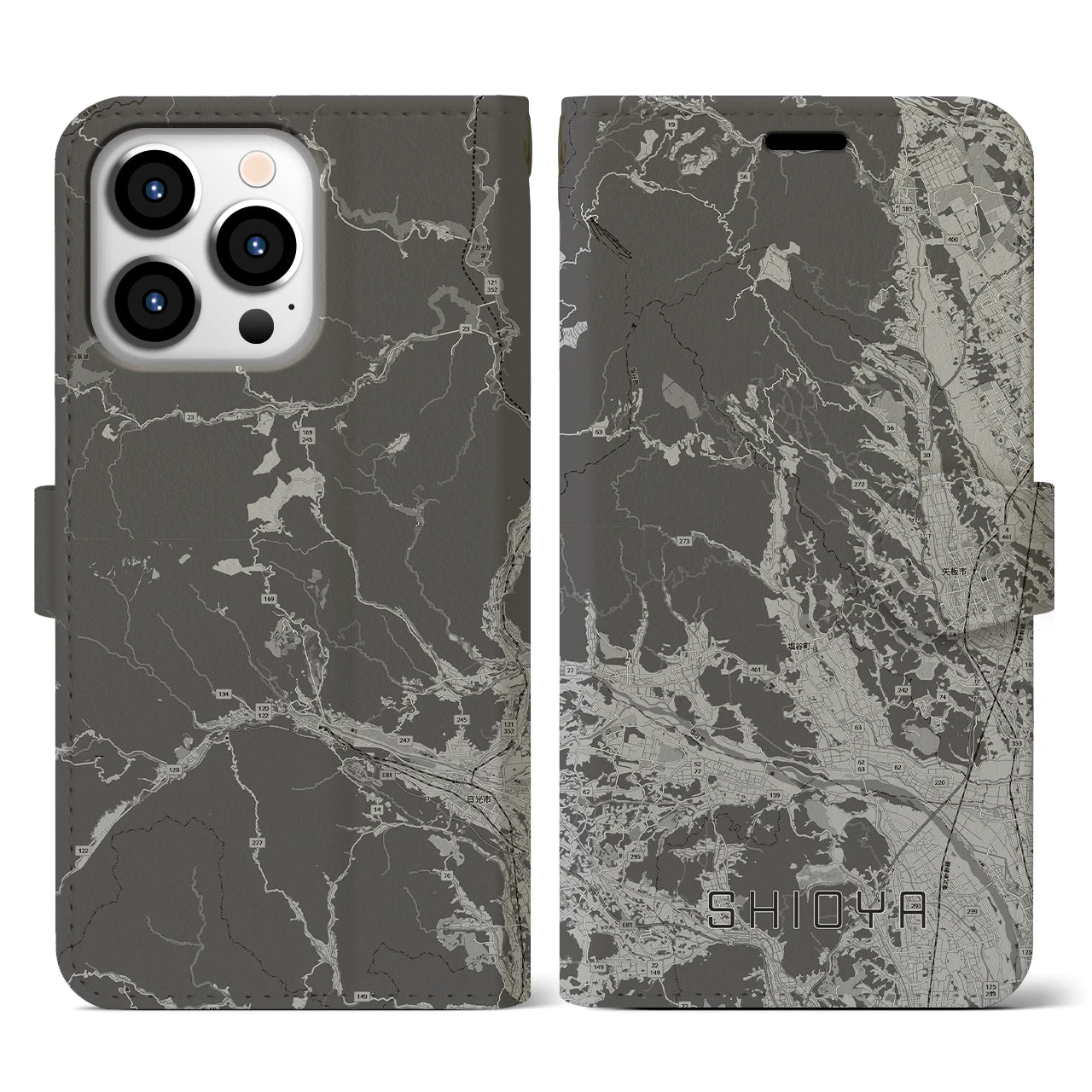 【塩谷(栃木県)】地図柄iPhoneケース(手帳タイプ)モノトーン・iPhone 13 Pro 用