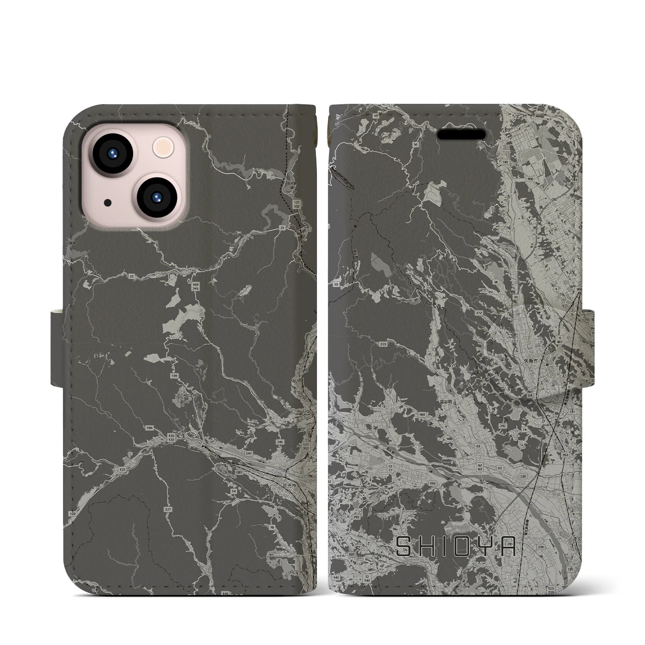 【塩谷(栃木県)】地図柄iPhoneケース(手帳タイプ)モノトーン・iPhone 13 mini 用