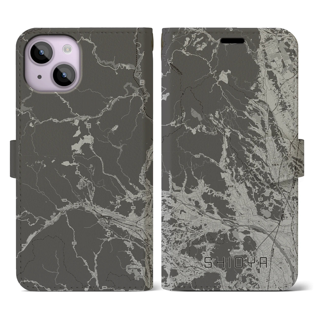 【塩谷(栃木県)】地図柄iPhoneケース(手帳タイプ)モノトーン・iPhone 14 用