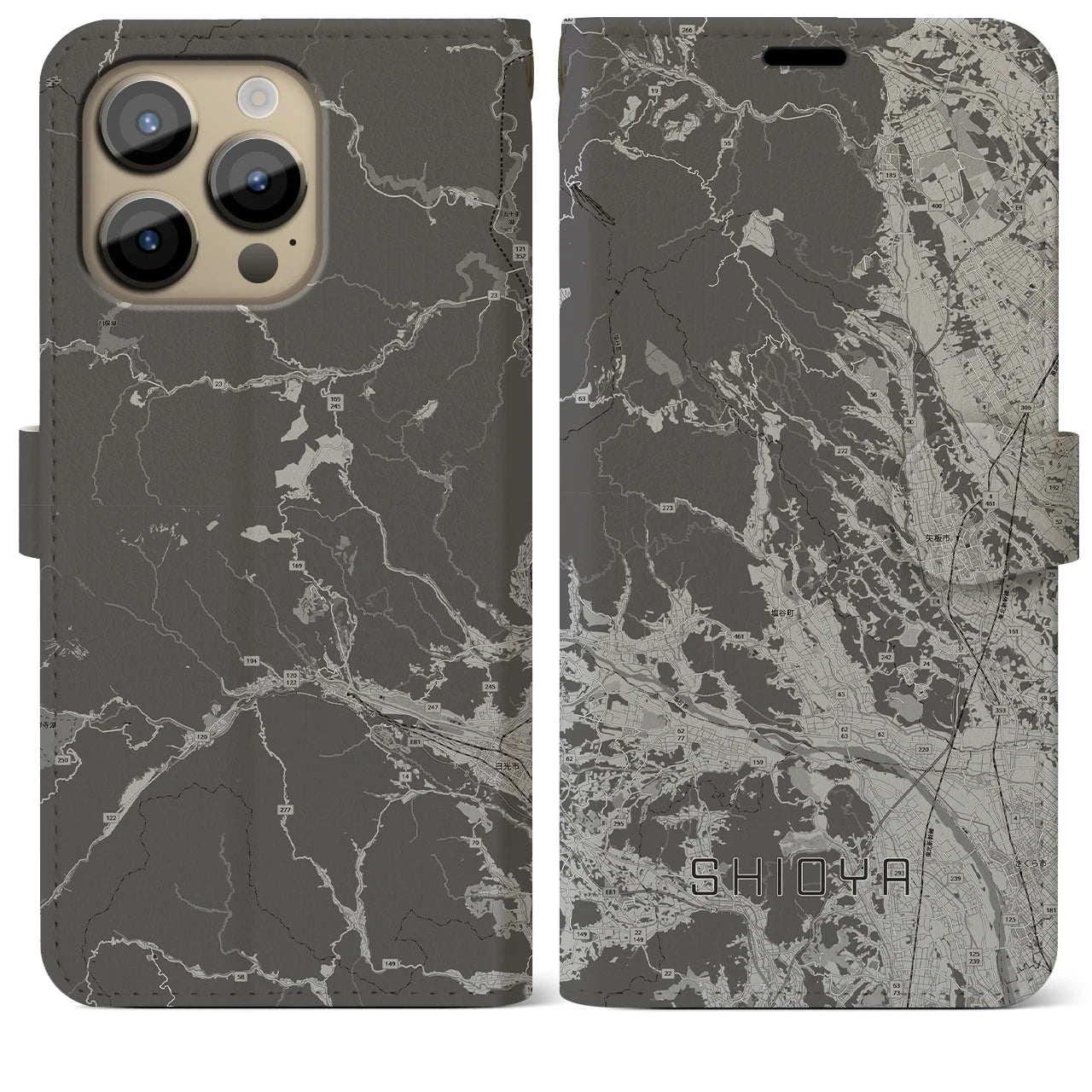 【塩谷(栃木県)】地図柄iPhoneケース(手帳タイプ)モノトーン・iPhone 14 Pro Max 用