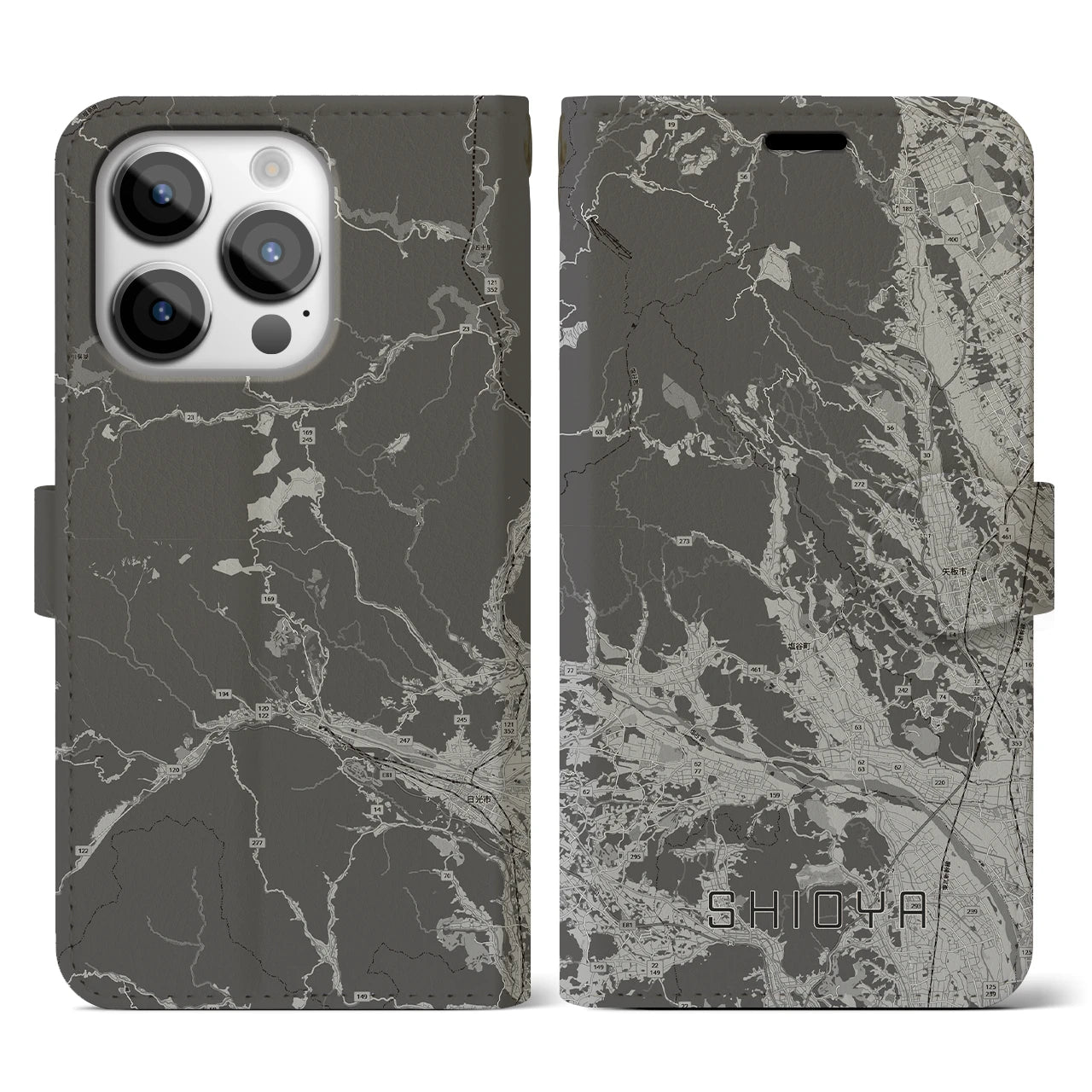 【塩谷(栃木県)】地図柄iPhoneケース(手帳タイプ)モノトーン・iPhone 14 Pro 用