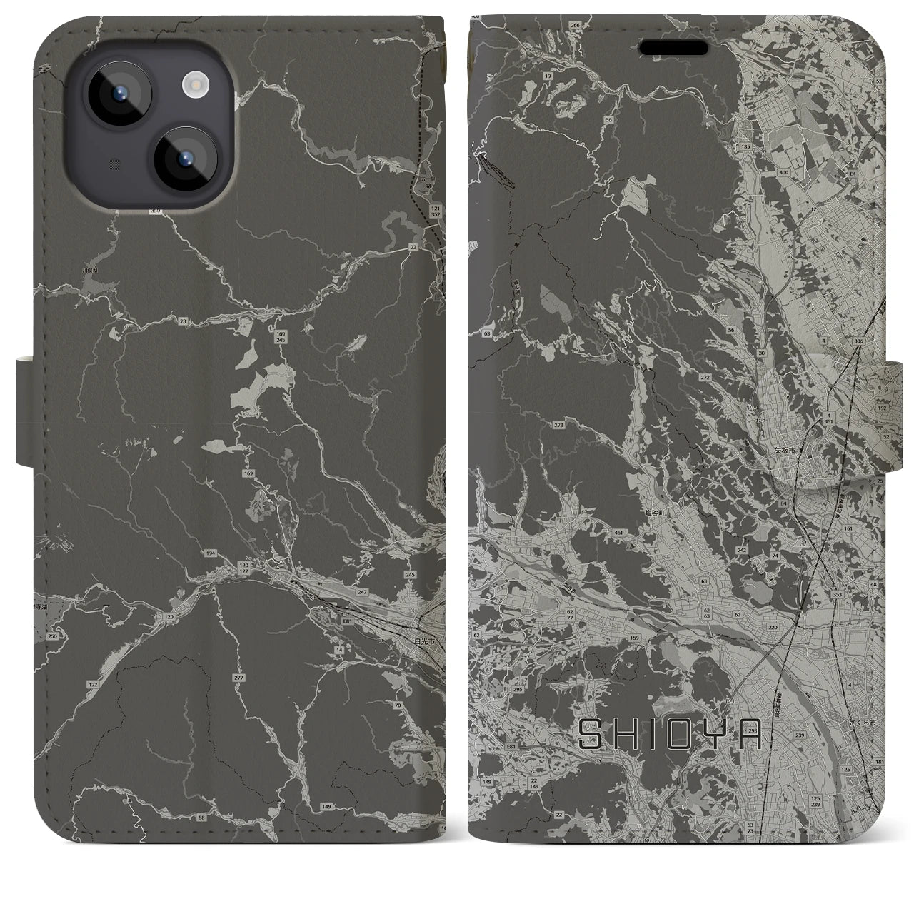 【塩谷(栃木県)】地図柄iPhoneケース(手帳タイプ)モノトーン・iPhone 14 Plus 用