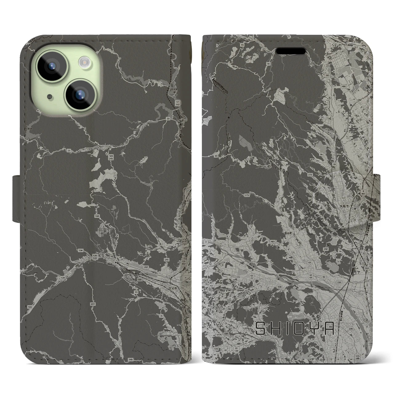 【塩谷(栃木県)】地図柄iPhoneケース(手帳タイプ)モノトーン・iPhone 15 用