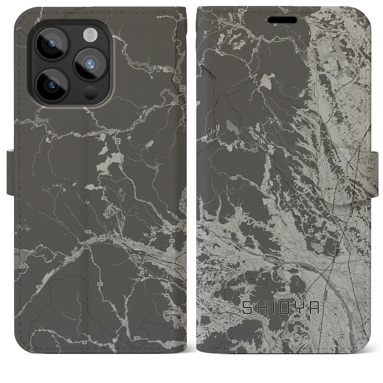 【塩谷(栃木県)】地図柄iPhoneケース(手帳タイプ)モノトーン・iPhone 15 Pro Max 用