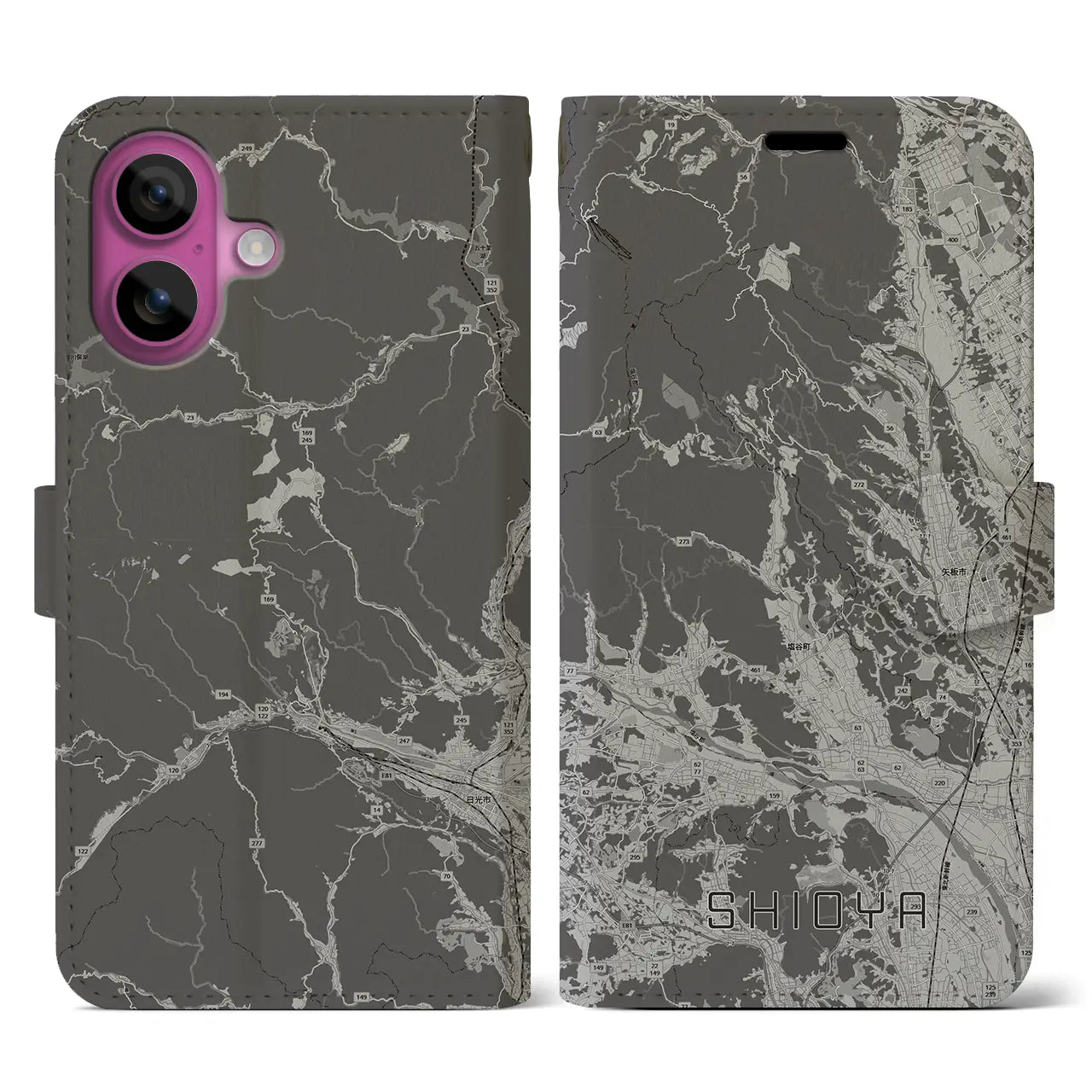 【塩谷(栃木県)】地図柄iPhoneケース(手帳タイプ)モノトーン・iPhone 16 Pro 用