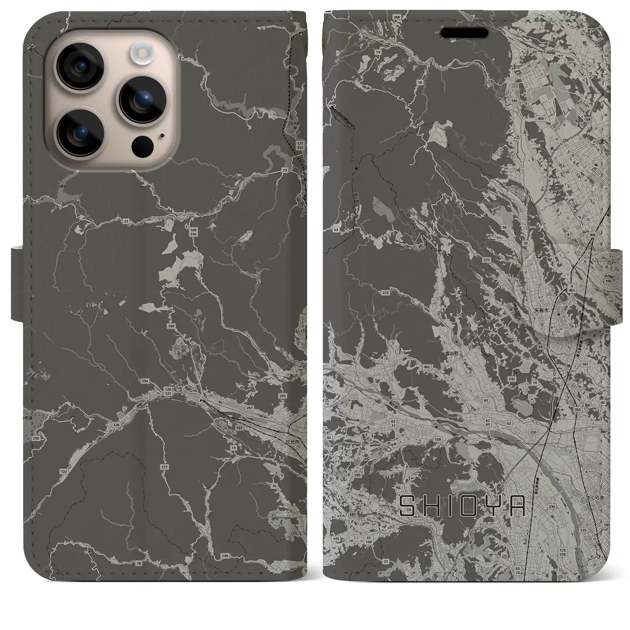 【塩谷(栃木県)】地図柄iPhoneケース(手帳タイプ)モノトーン・iPhone 16 Plus 用