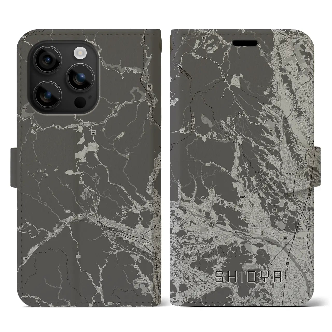 【塩谷(栃木県)】地図柄iPhoneケース(手帳タイプ)モノトーン・iPhone 16 用