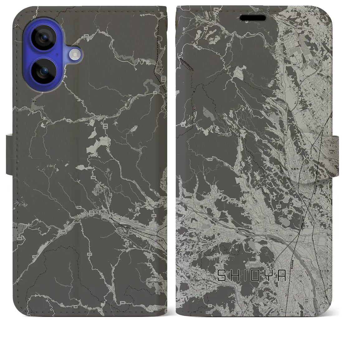 【塩谷(栃木県)】地図柄iPhoneケース(手帳タイプ)モノトーン・iPhone 16 Pro Max 用