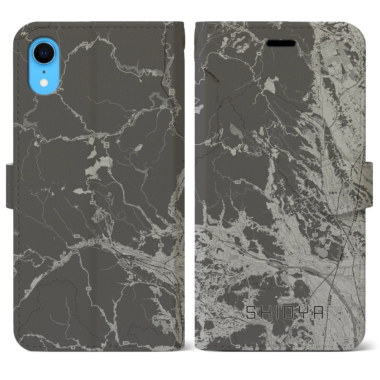【塩谷(栃木県)】地図柄iPhoneケース(手帳タイプ)モノトーン・iPhone XR 用