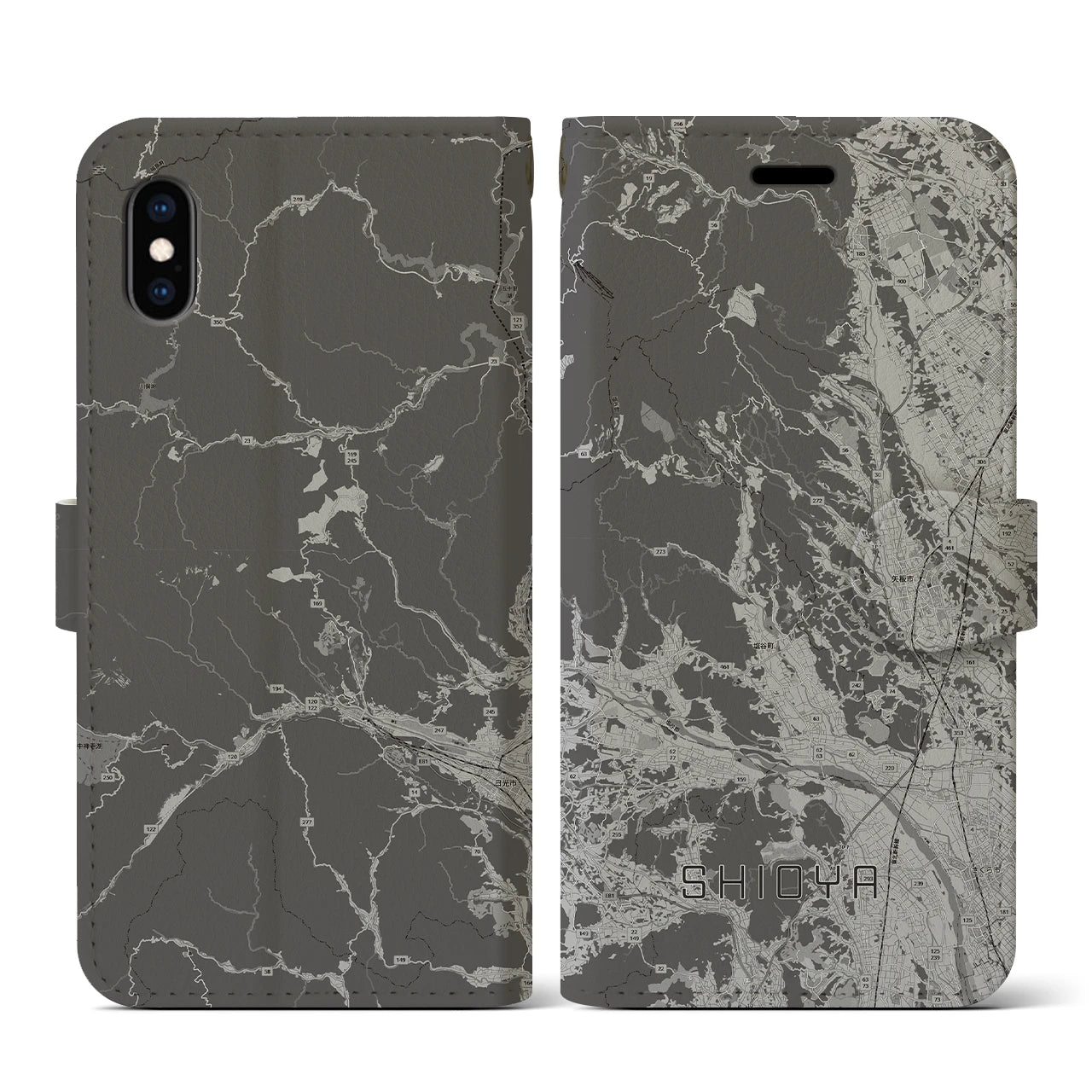【塩谷(栃木県)】地図柄iPhoneケース(手帳タイプ)モノトーン・iPhone XS / X 用