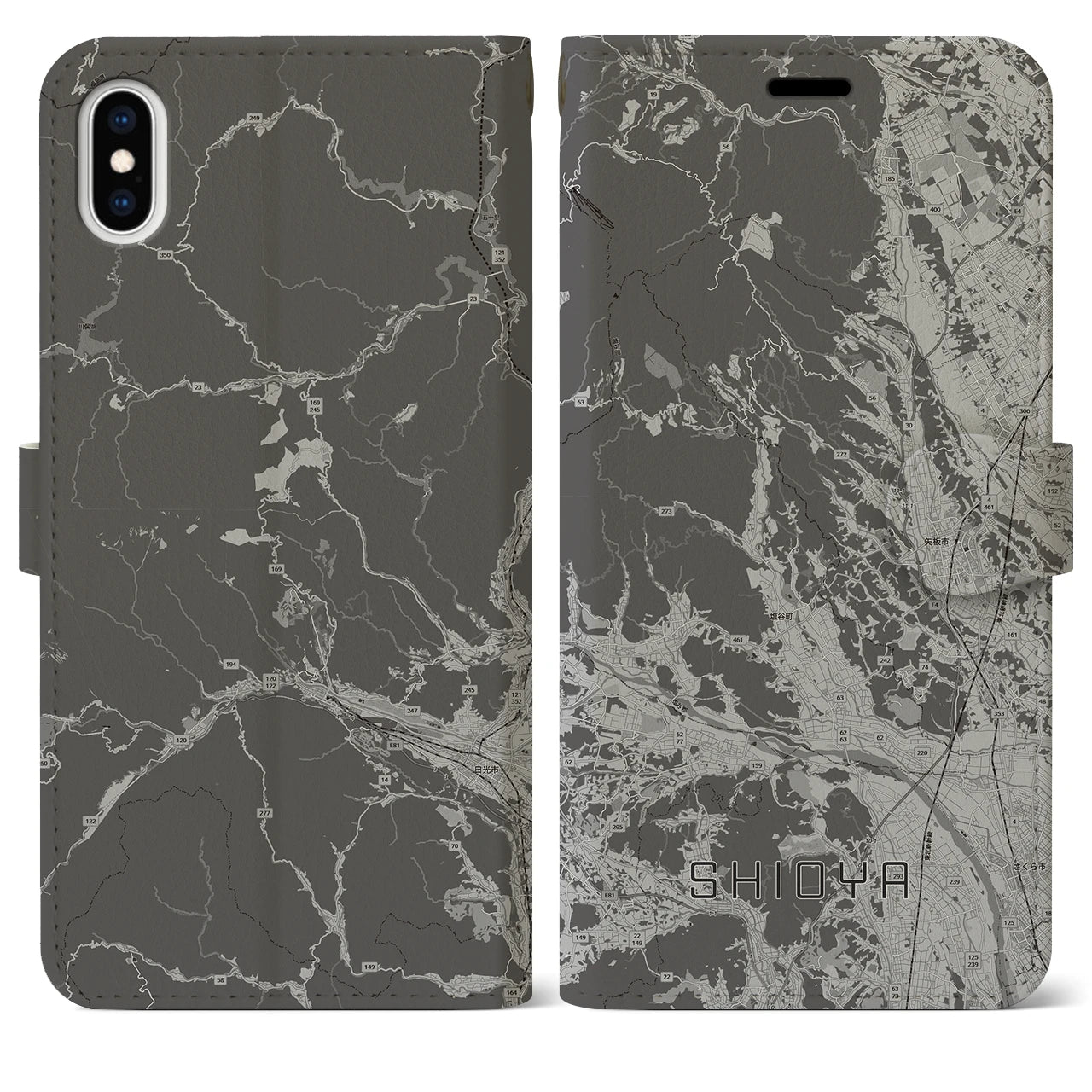 【塩谷(栃木県)】地図柄iPhoneケース(手帳タイプ)モノトーン・iPhone XS Max 用