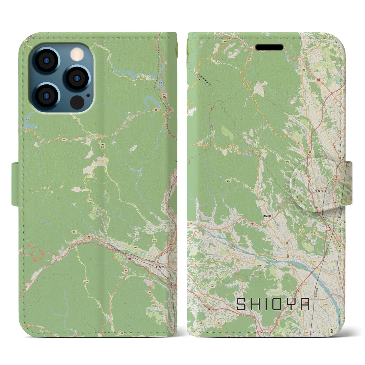 【塩谷(栃木県)】地図柄iPhoneケース(手帳タイプ)ナチュラル・iPhone 12 / 12 Pro 用