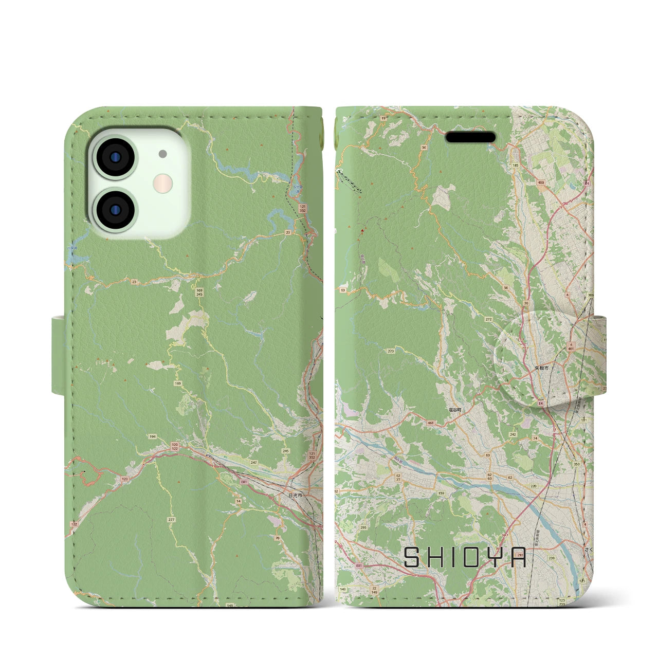 【塩谷(栃木県)】地図柄iPhoneケース(手帳タイプ)ナチュラル・iPhone 12 mini 用