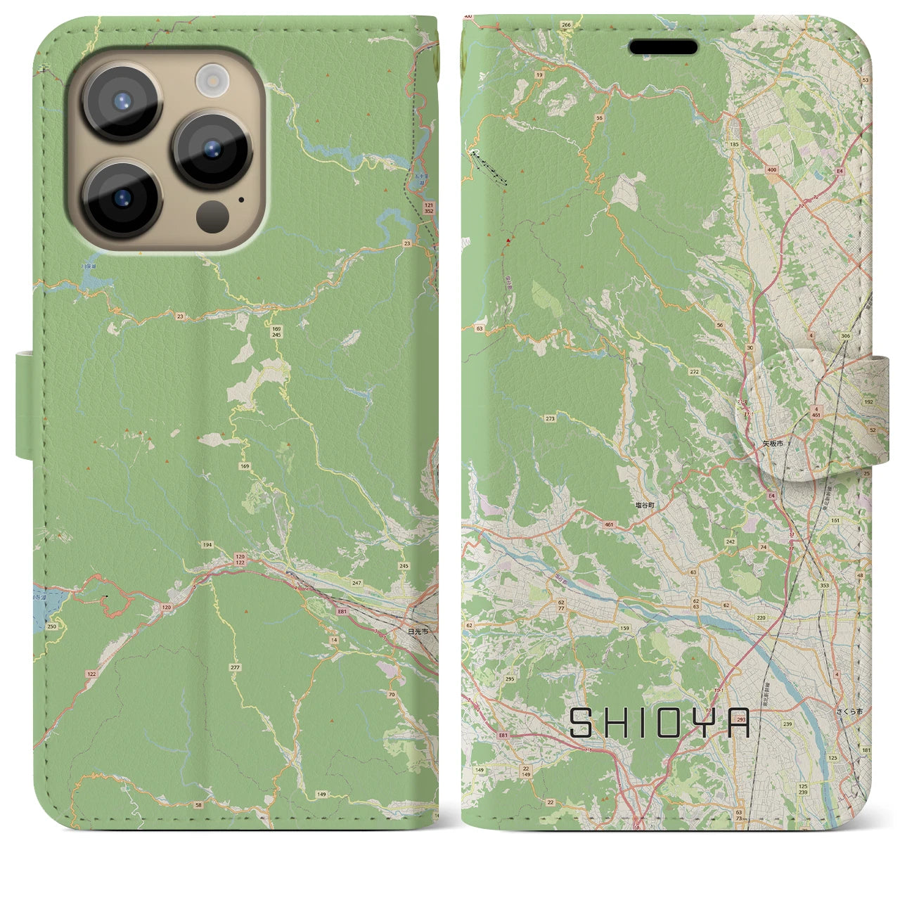 【塩谷(栃木県)】地図柄iPhoneケース(手帳タイプ)ナチュラル・iPhone 14 Pro Max 用