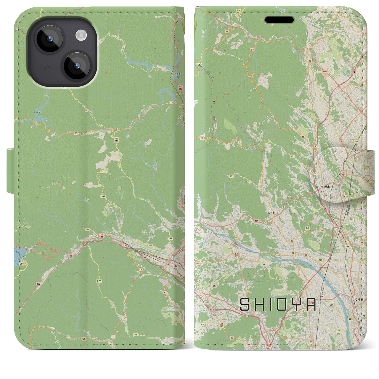 【塩谷(栃木県)】地図柄iPhoneケース(手帳タイプ)ナチュラル・iPhone 14 Plus 用