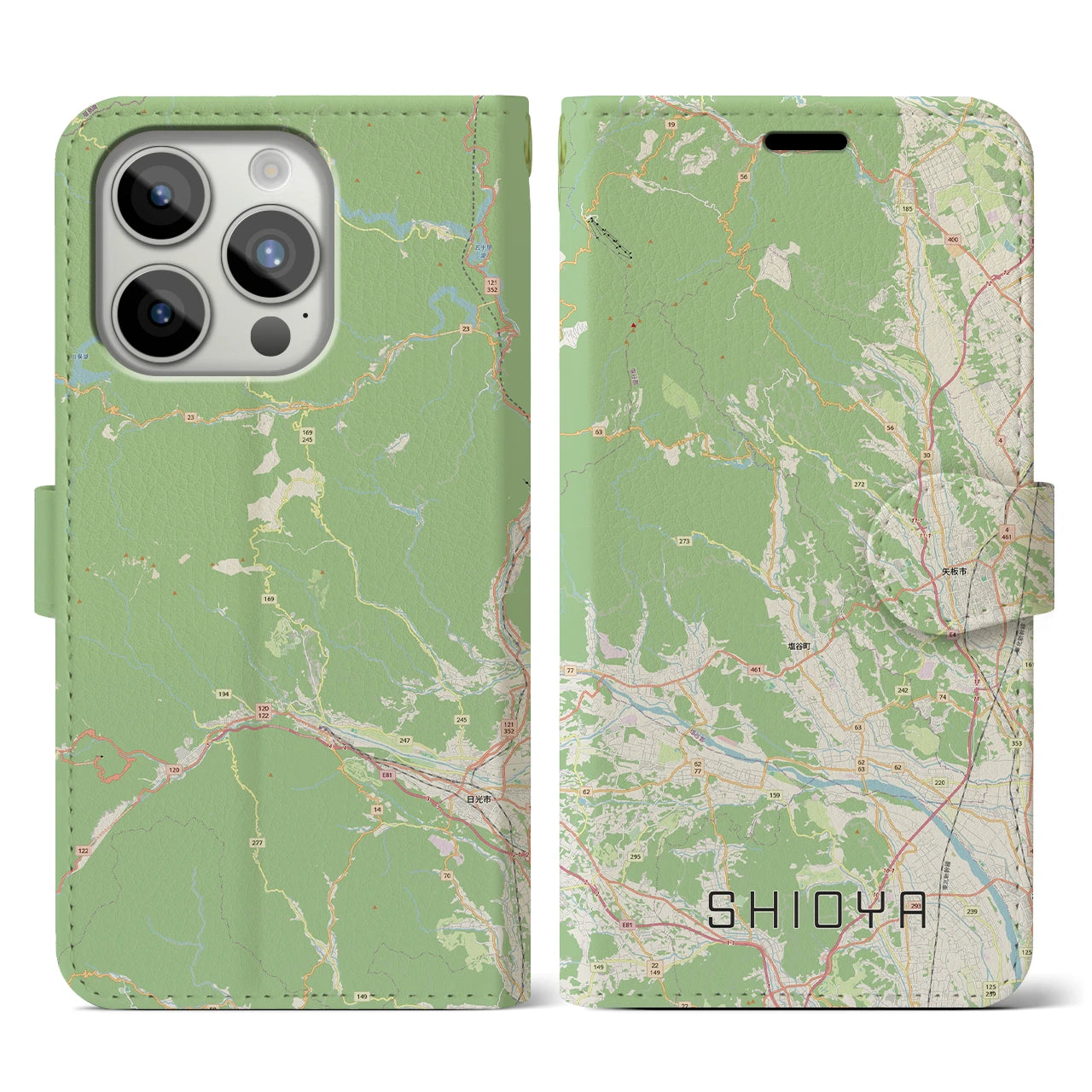 【塩谷(栃木県)】地図柄iPhoneケース(手帳タイプ)ナチュラル・iPhone 15 Pro 用