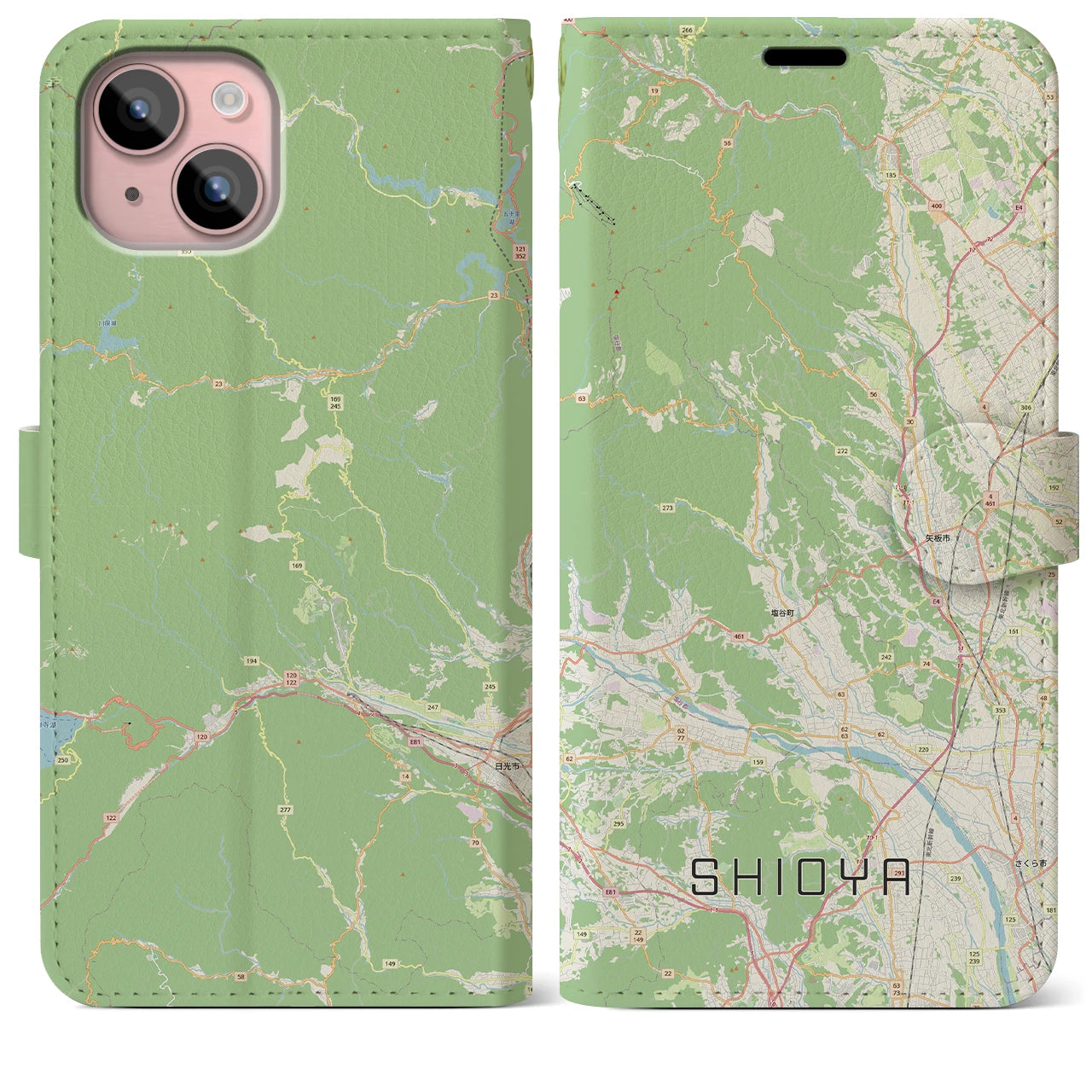 【塩谷(栃木県)】地図柄iPhoneケース(手帳タイプ)ナチュラル・iPhone 15 Plus 用