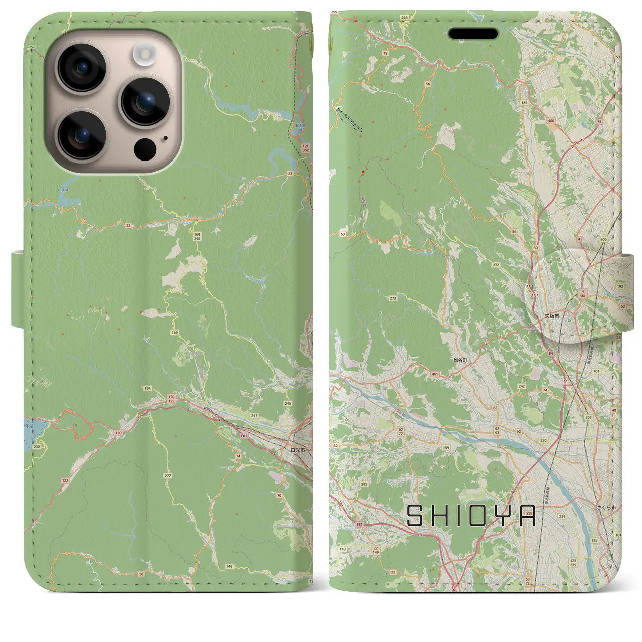 【塩谷(栃木県)】地図柄iPhoneケース(手帳タイプ)ナチュラル・iPhone 16 Plus 用