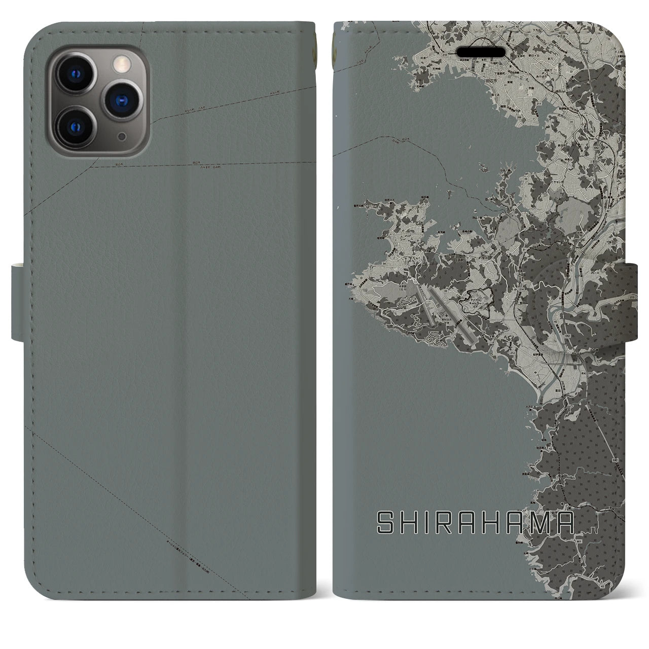 【白浜(和歌山県)】地図柄iPhoneケース(手帳タイプ)モノトーン・iPhone 11 Pro Max 用