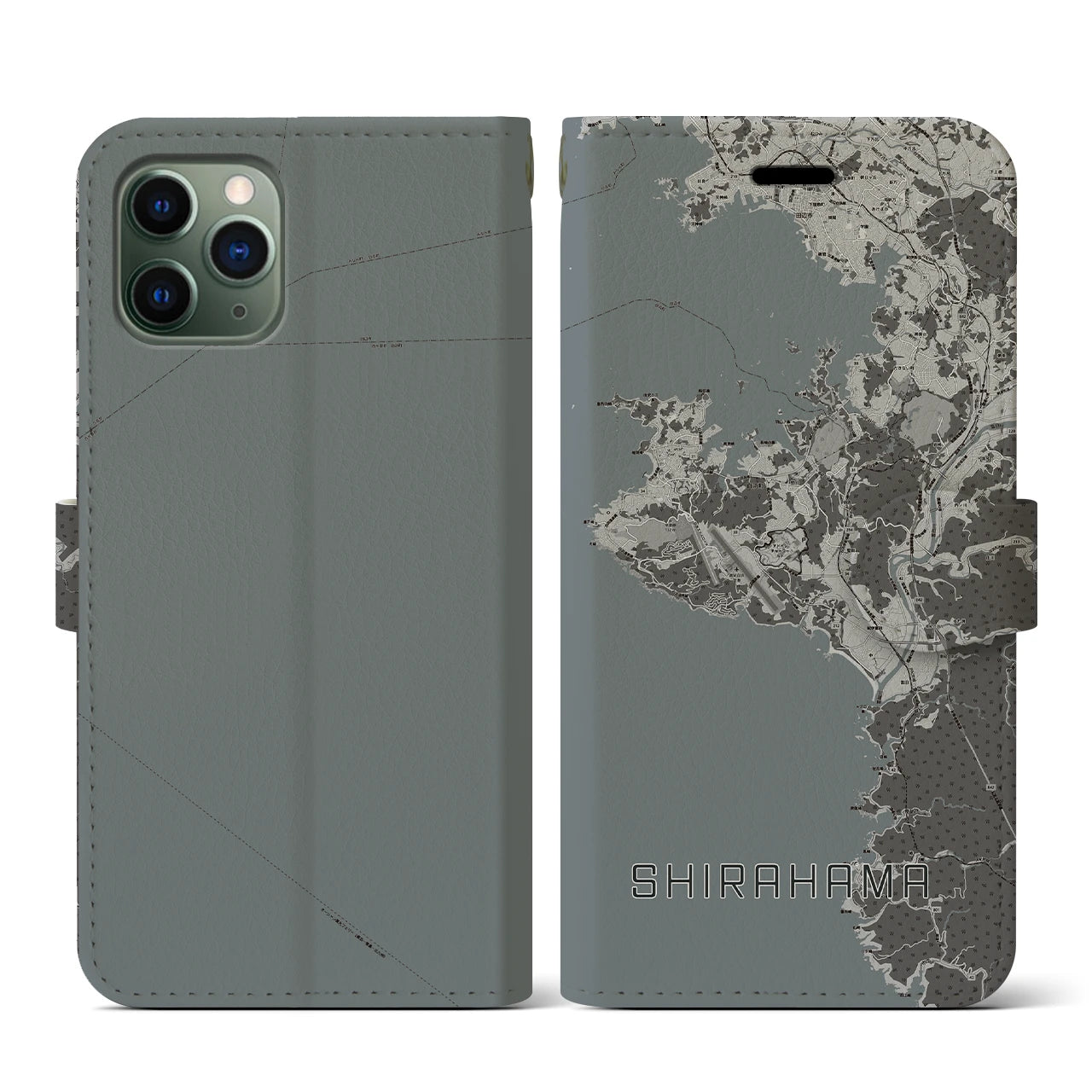 【白浜(和歌山県)】地図柄iPhoneケース(手帳タイプ)モノトーン・iPhone 11 Pro 用