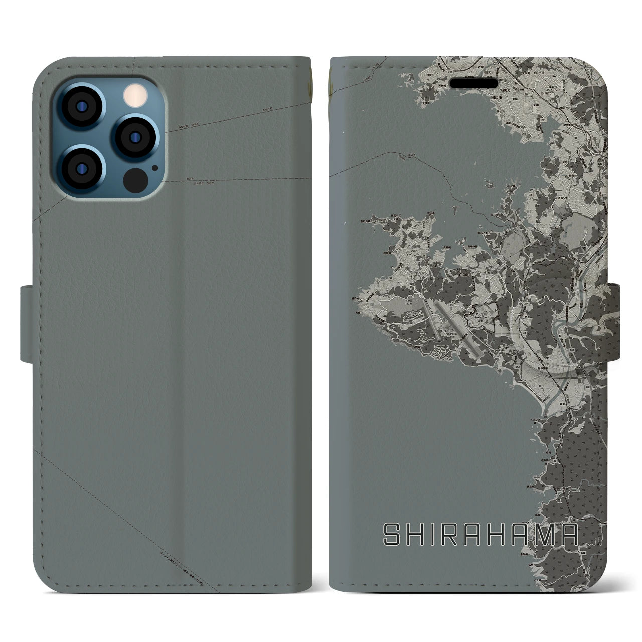 【白浜(和歌山県)】地図柄iPhoneケース(手帳タイプ)モノトーン・iPhone 12 / 12 Pro 用