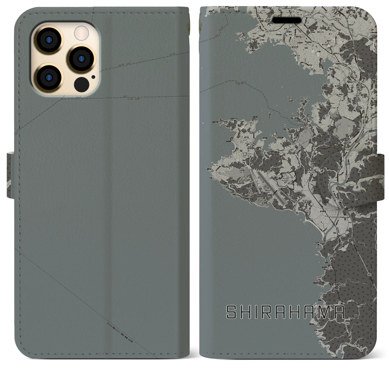 【白浜(和歌山県)】地図柄iPhoneケース(手帳タイプ)モノトーン・iPhone 12 Pro Max 用