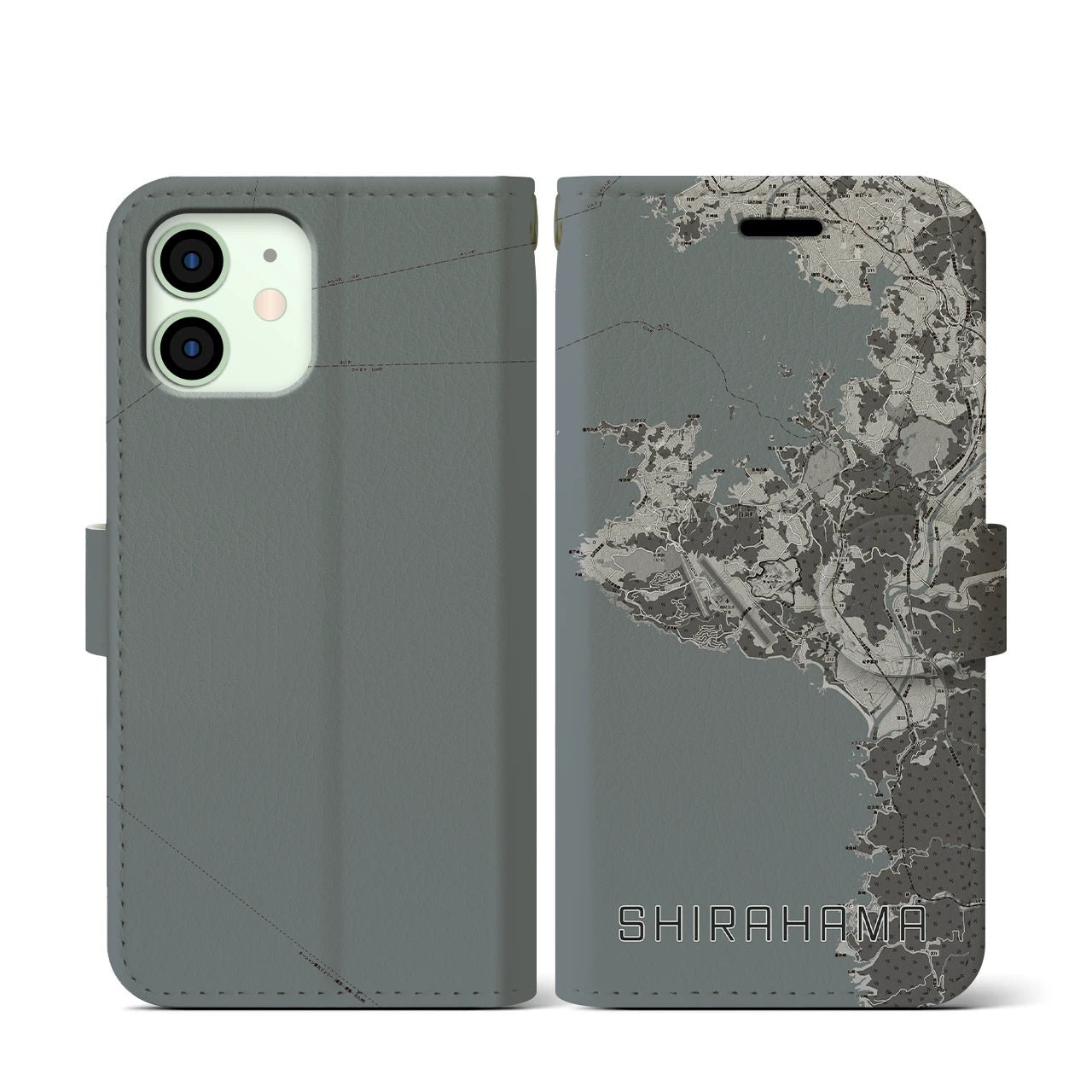 【白浜(和歌山県)】地図柄iPhoneケース(手帳タイプ)モノトーン・iPhone 12 mini 用