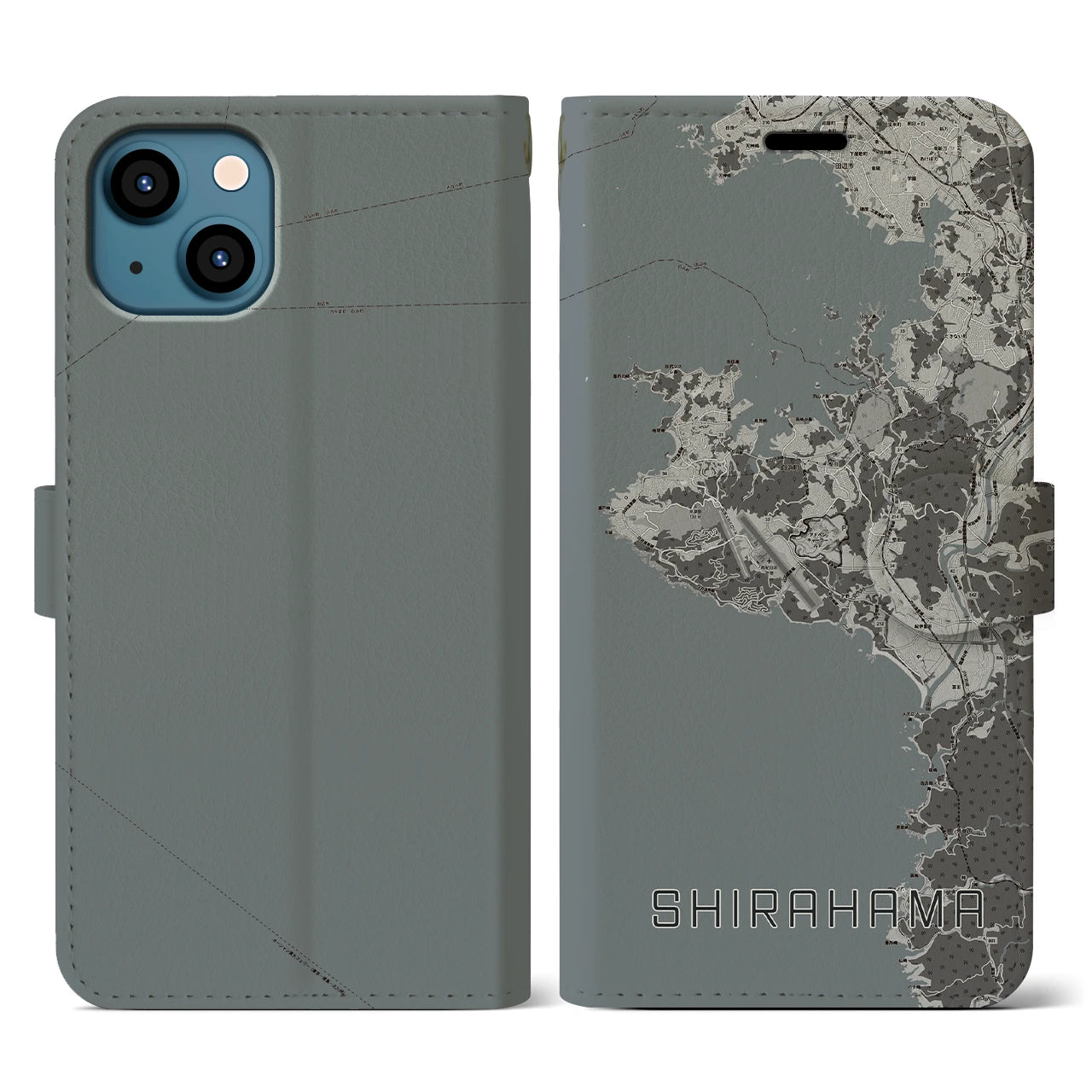 【白浜(和歌山県)】地図柄iPhoneケース(手帳タイプ)モノトーン・iPhone 13 用