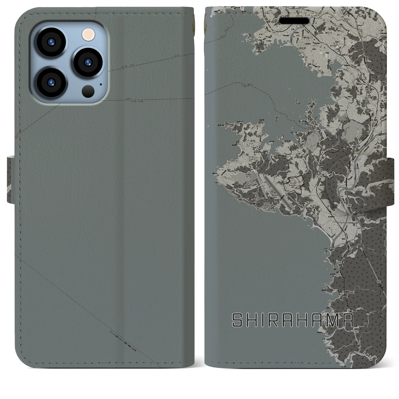 【白浜(和歌山県)】地図柄iPhoneケース(手帳タイプ)モノトーン・iPhone 13 Pro Max 用